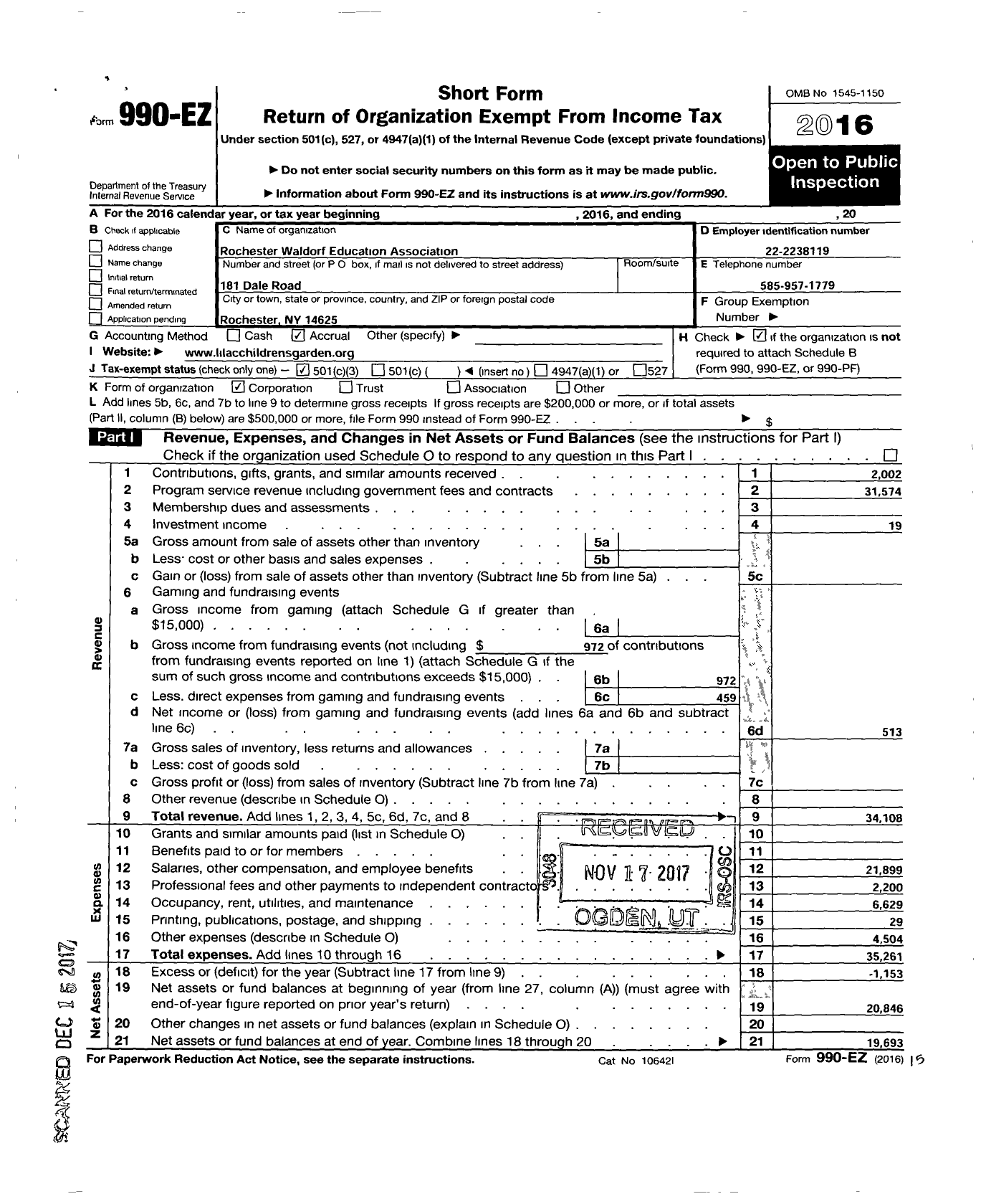 Image of first page of 2016 Form 990EZ for Rochester Waldorf Educations Association