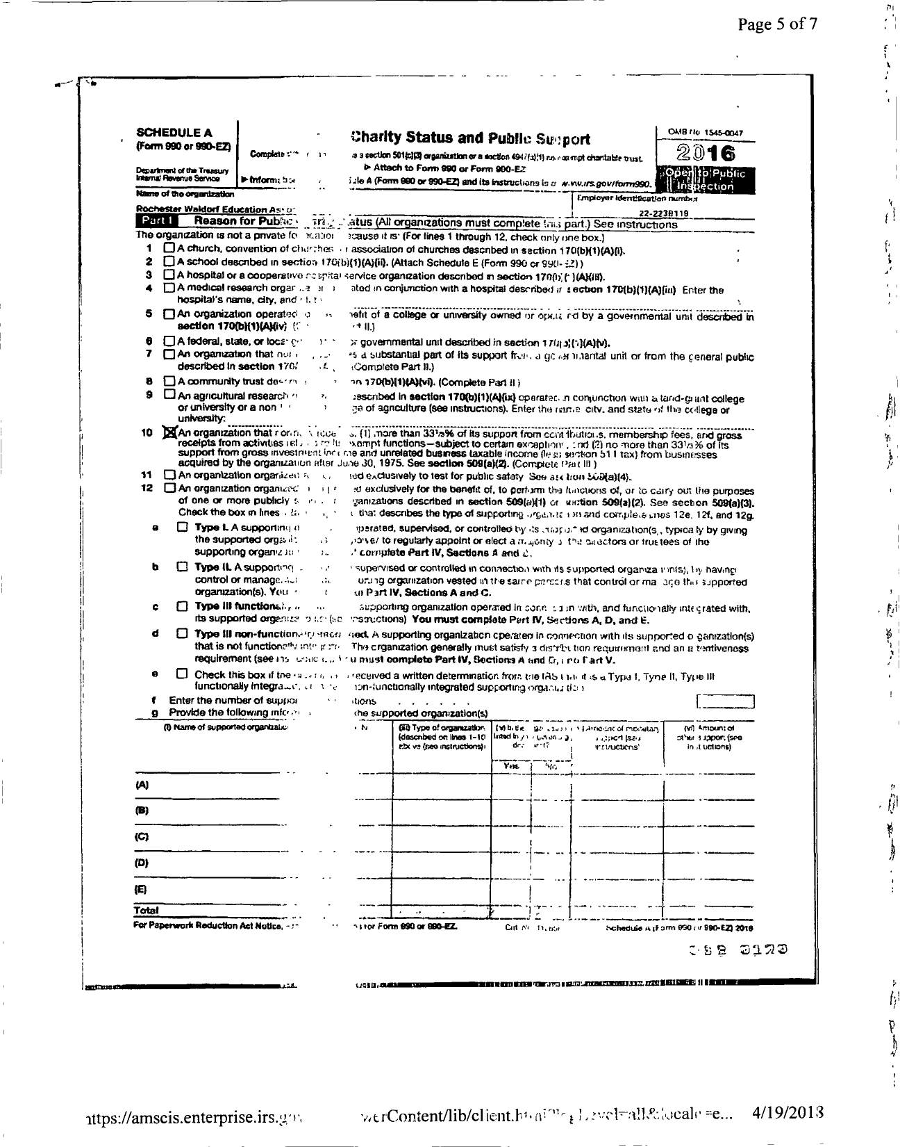 Image of first page of 2017 Form 990ER for Rochester Waldorf Educations Association