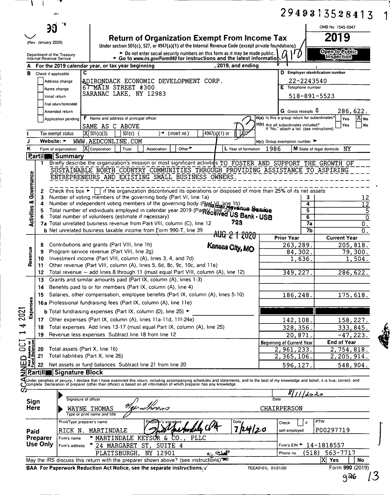 Image of first page of 2019 Form 990 for Adirondack Economic Development Corporation