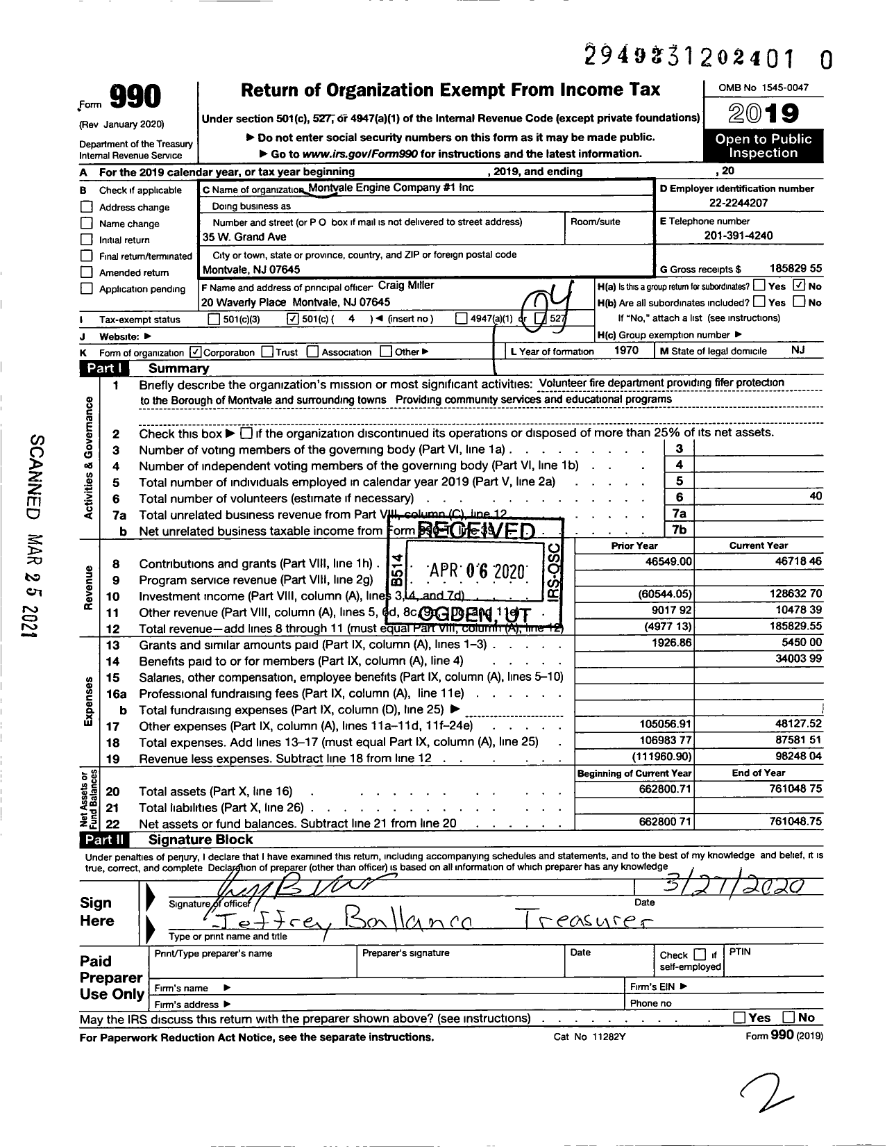 Image of first page of 2019 Form 990O for Montvale Engine Company No 1