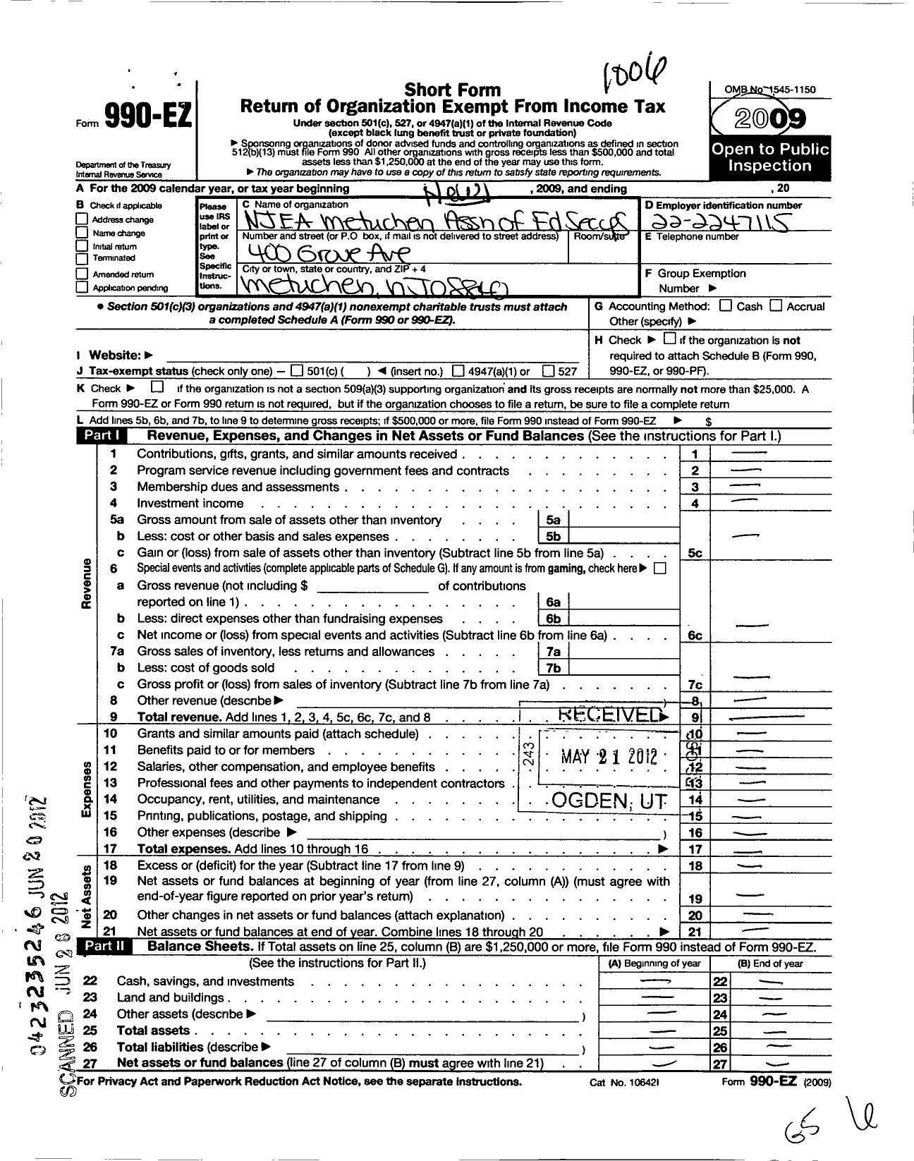 Image of first page of 2009 Form 990EO for New Jersey Education Association - Metuchen Assn of Ed Secys