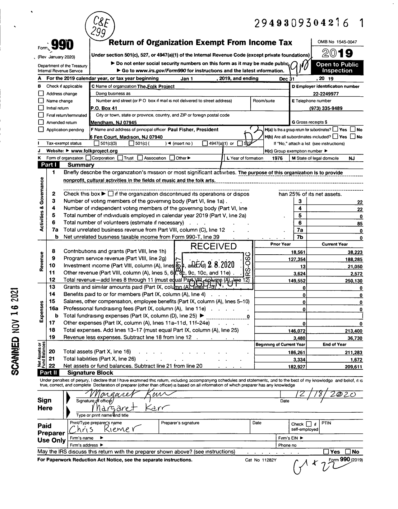 Image of first page of 2019 Form 990 for The Folk Project