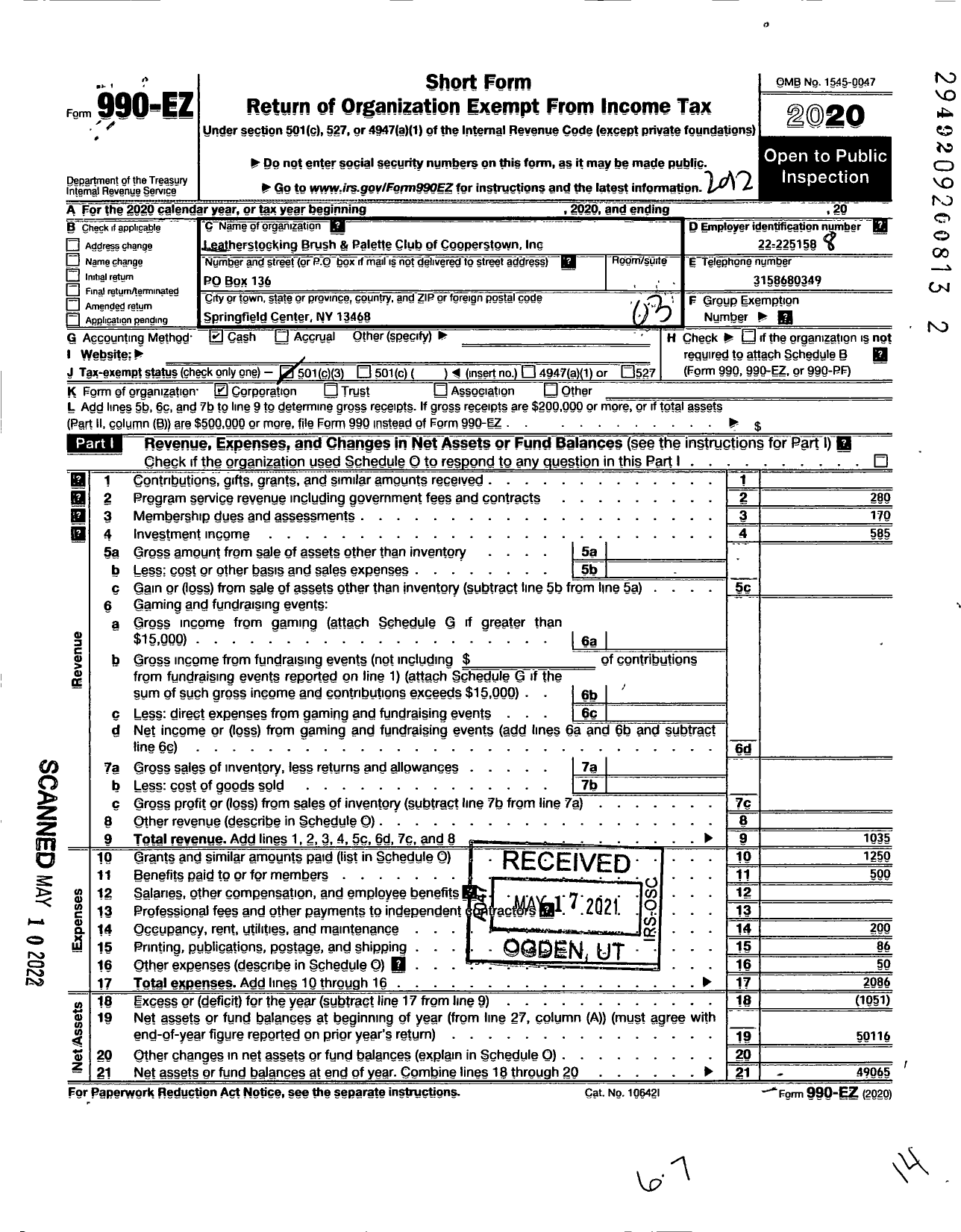 Image of first page of 2020 Form 990EZ for Leatherstocking Brush and Palette Club of Cooperstown