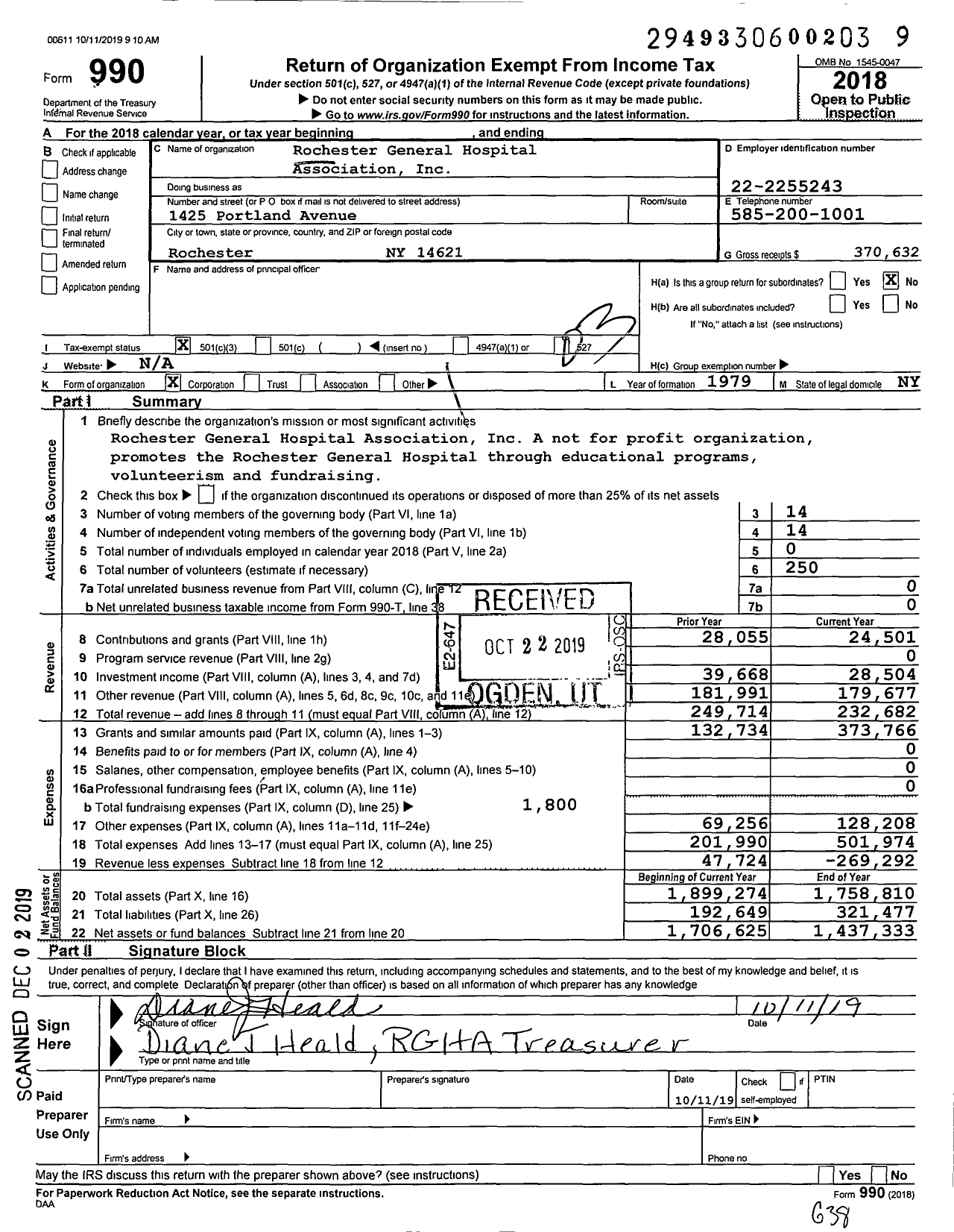 Image of first page of 2018 Form 990 for Rochester General Hospital Assoc- Iation