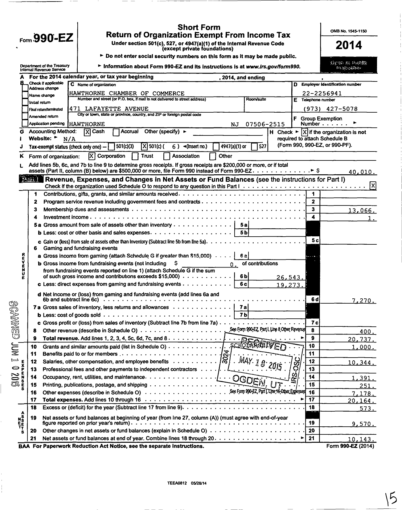 Image of first page of 2014 Form 990EO for Hawthorne Chamber of Commerce