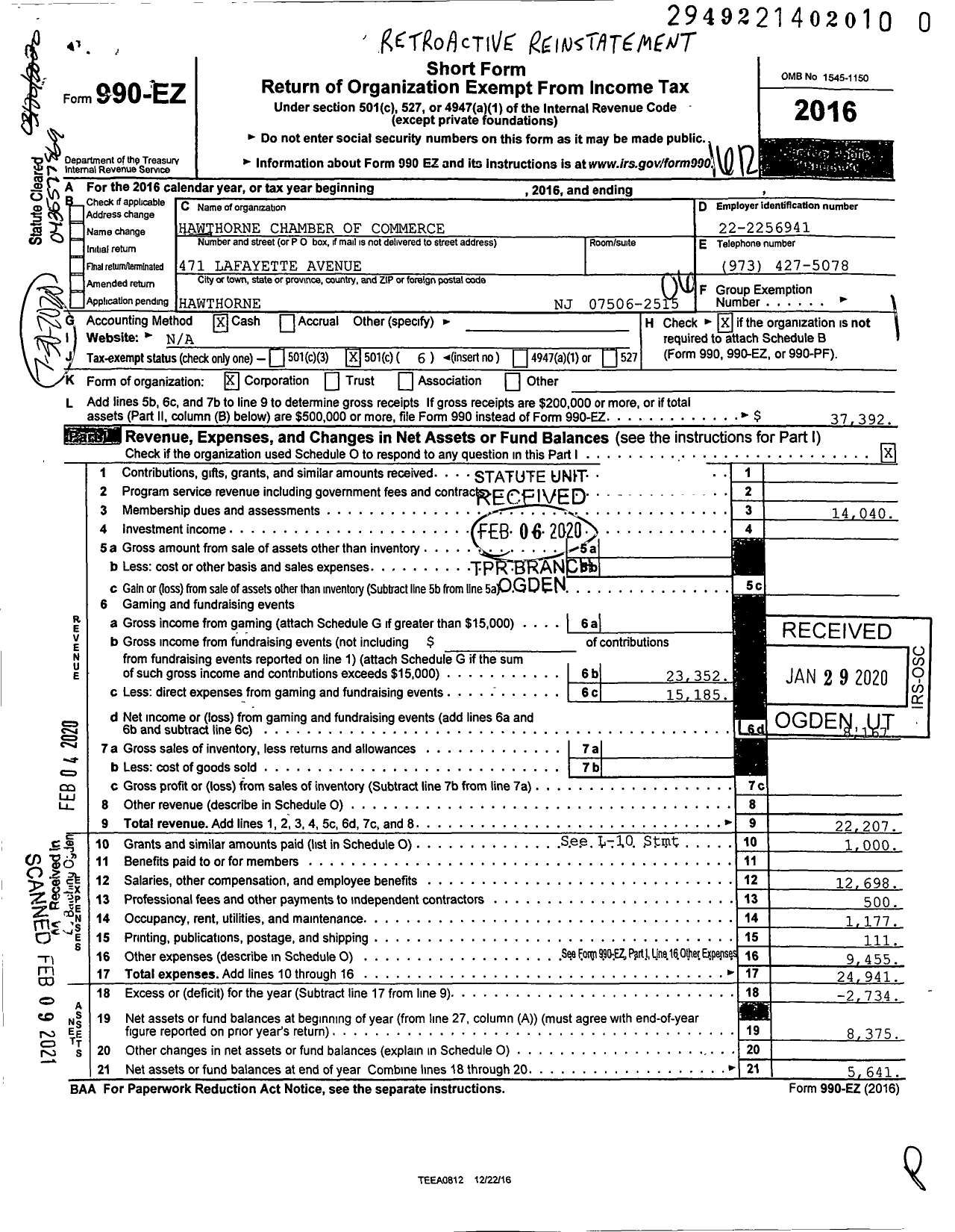 Image of first page of 2016 Form 990EO for Hawthorne Chamber of Commerce