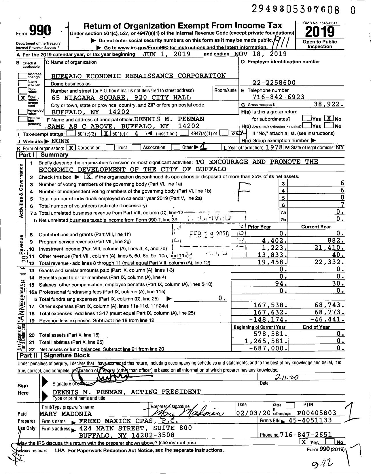 Image of first page of 2018 Form 990O for Buffalo Economic Renaissance Corporation