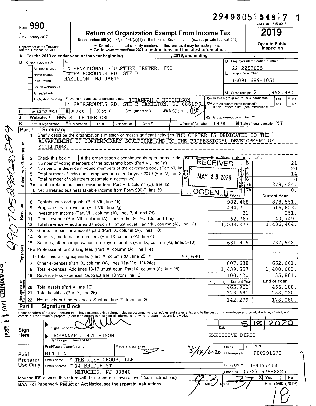 Image of first page of 2019 Form 990 for International Sculpture Center (ISC)