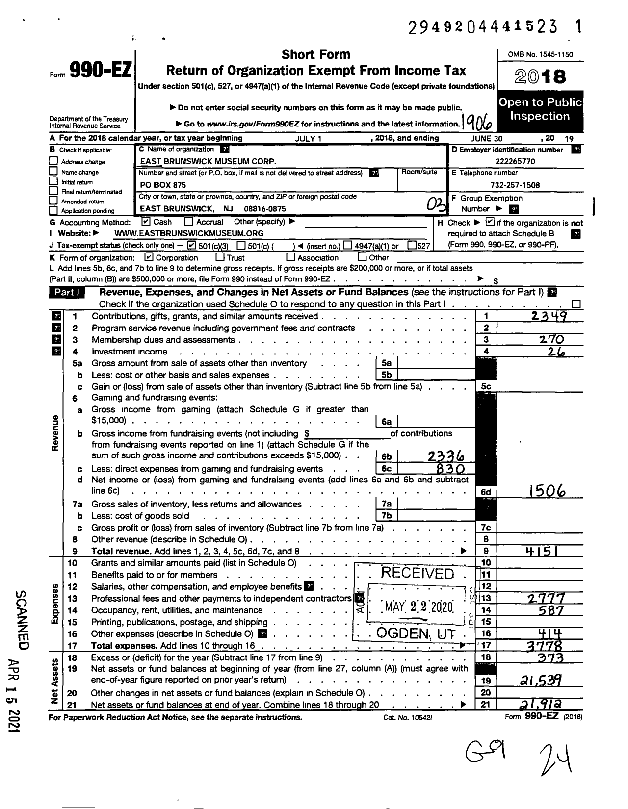 Image of first page of 2018 Form 990EZ for East Brunswick Museum Corporation Historic District of Old Bridge