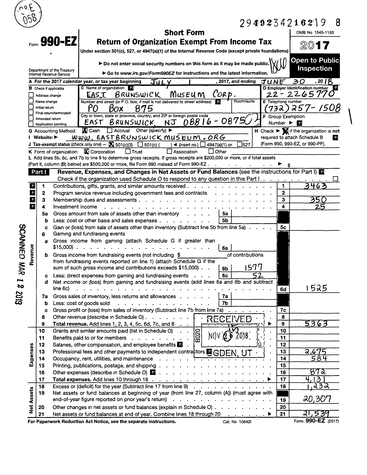 Image of first page of 2017 Form 990EZ for East Brunswick Museum Corporation Historic District of Old Bridge