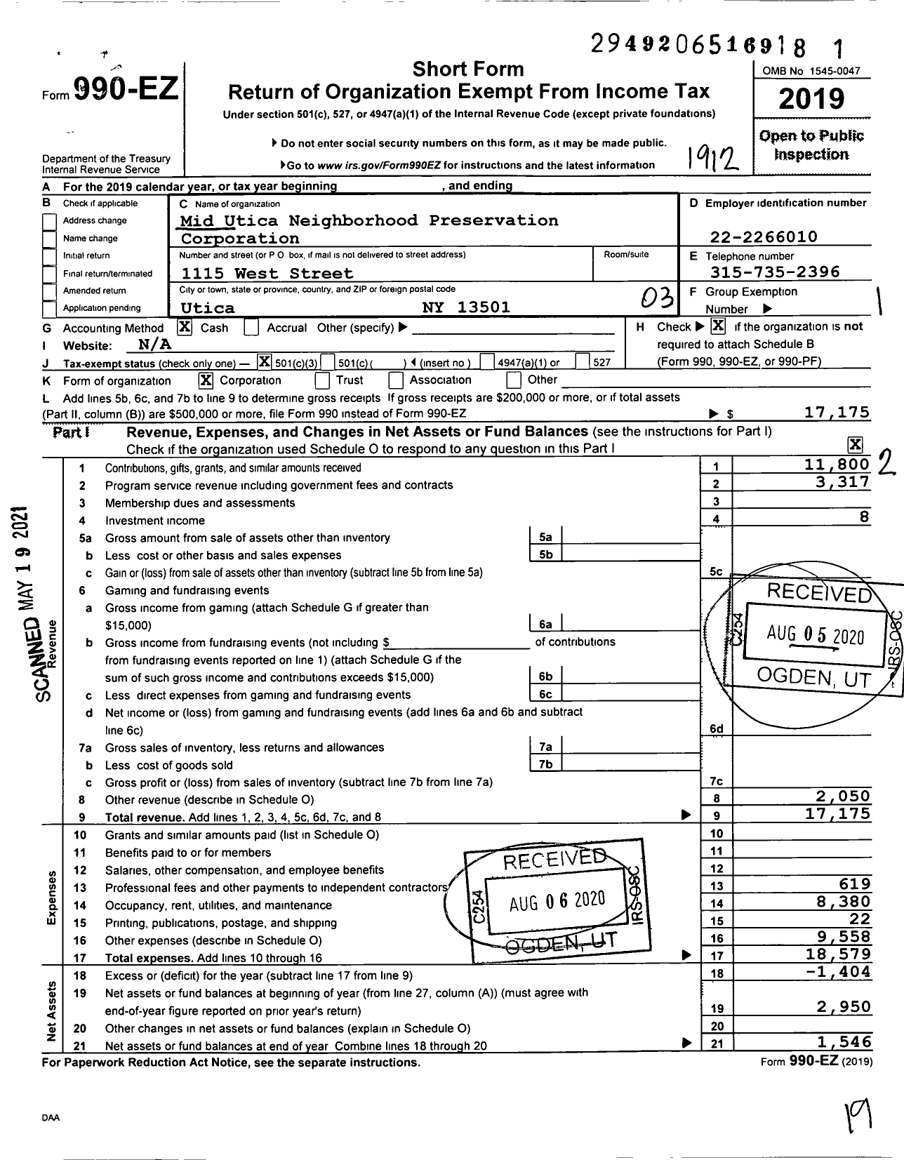 Image of first page of 2019 Form 990EZ for Mid Utica Neighborhood Preservation Corporation