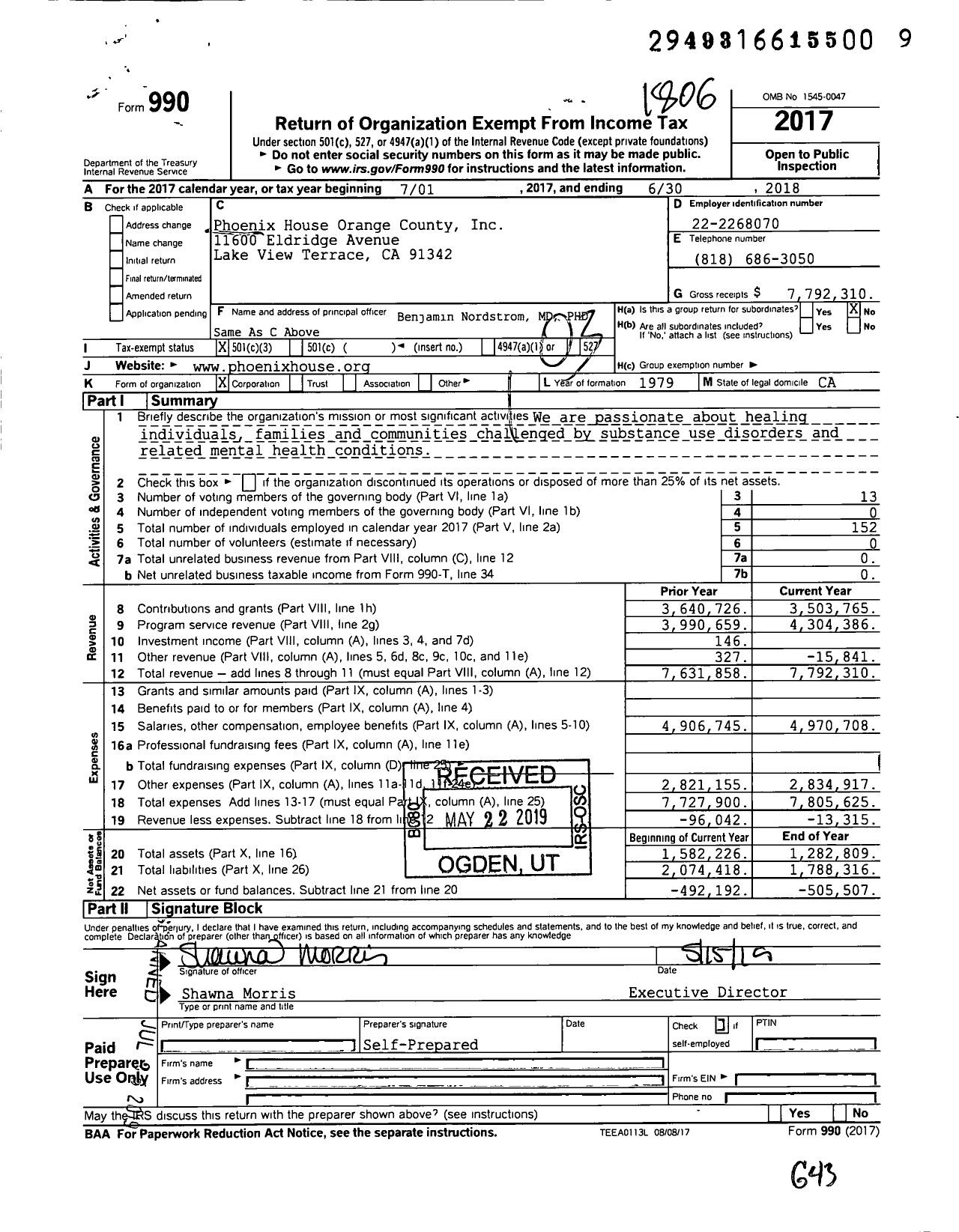 Image of first page of 2017 Form 990 for Phoenix House Orange County (PHOC)