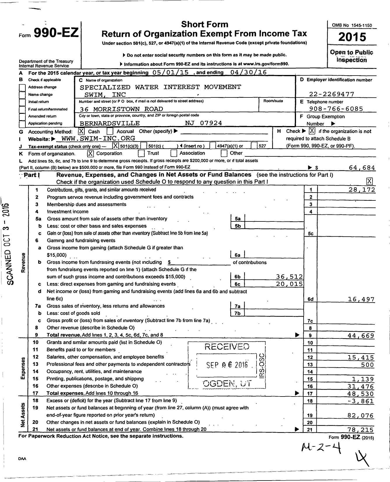 Image of first page of 2015 Form 990EZ for Specialized Water Interest Movement Swim