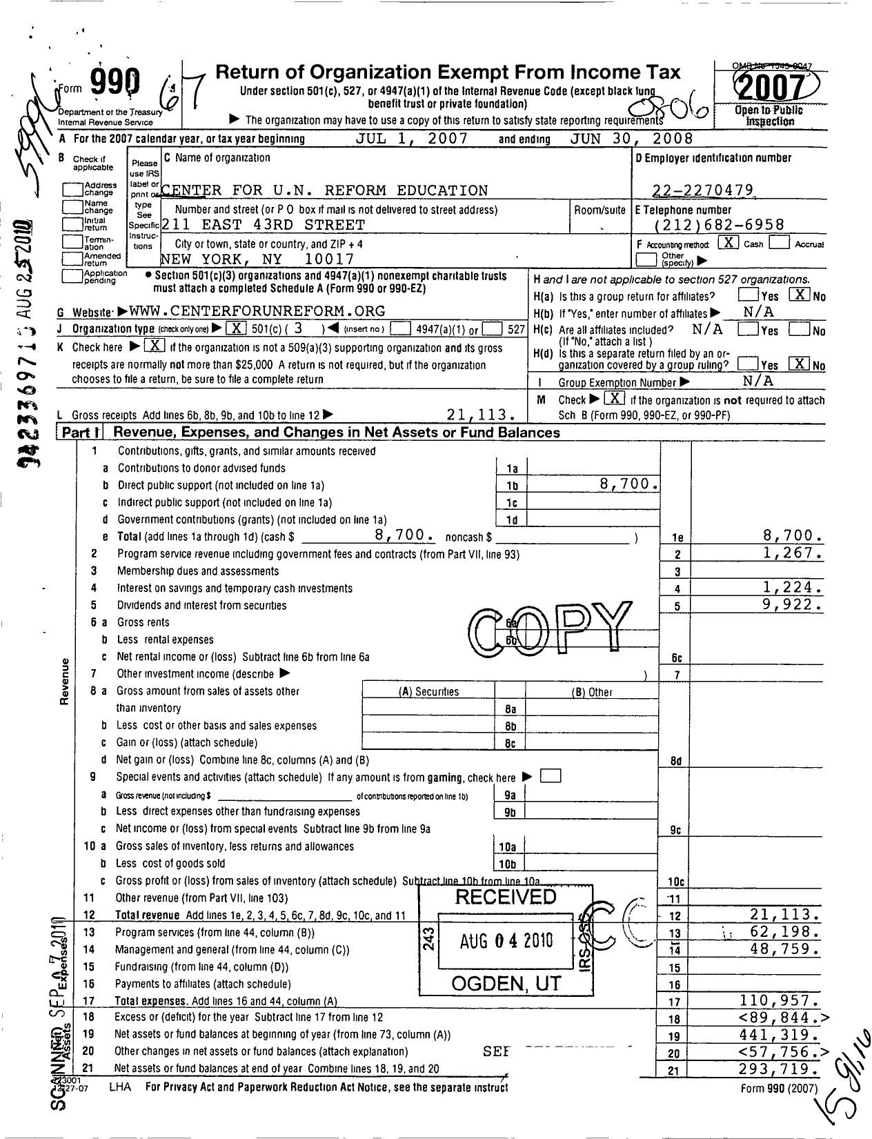 Image of first page of 2007 Form 990 for Center for Un Reform Education Hap