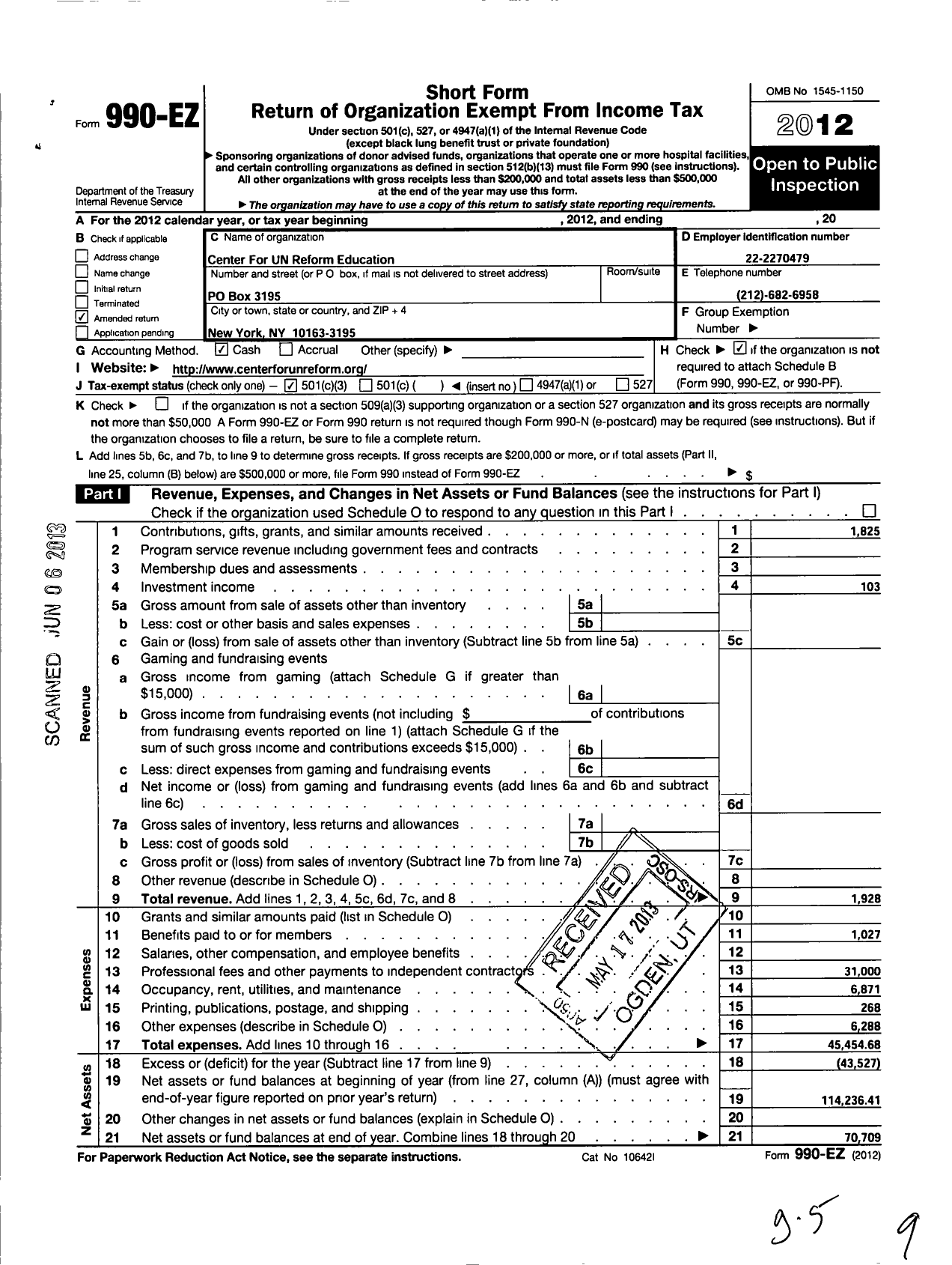 Image of first page of 2012 Form 990EZ for Center for Un Reform Education Hap