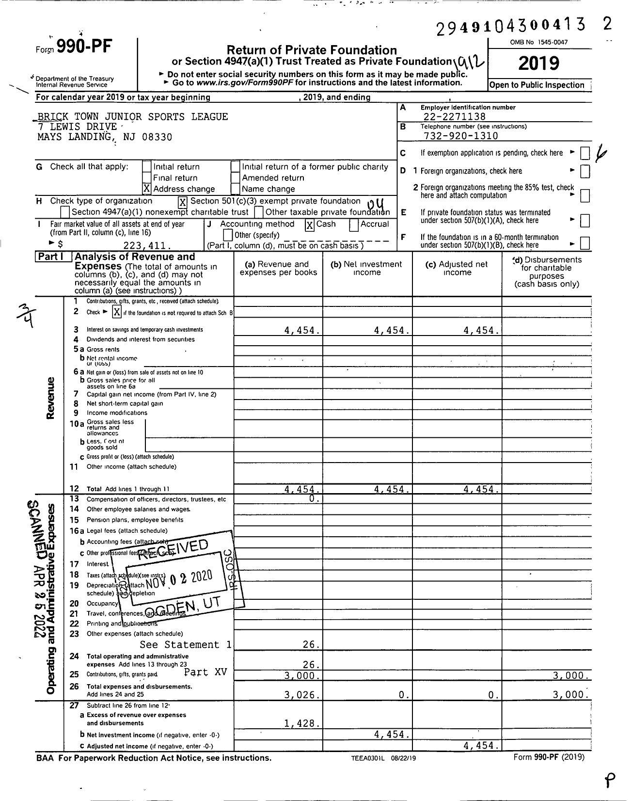 Image of first page of 2019 Form 990PF for Brick Town Junior Sports League