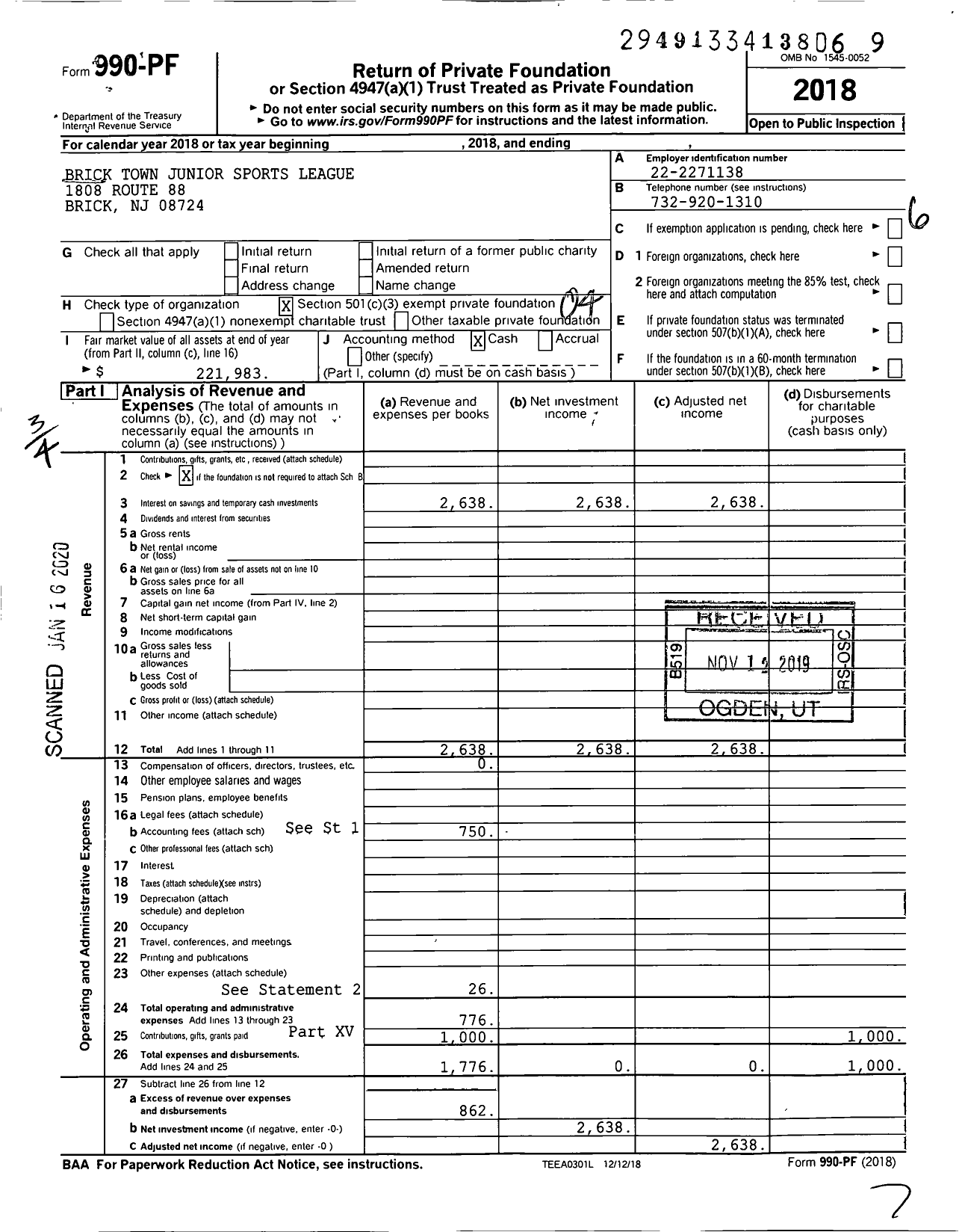 Image of first page of 2018 Form 990PF for Brick Town Junior Sports League