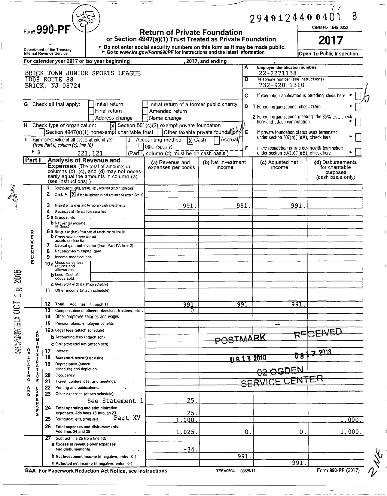 Image of first page of 2017 Form 990PF for Brick Town Junior Sports League