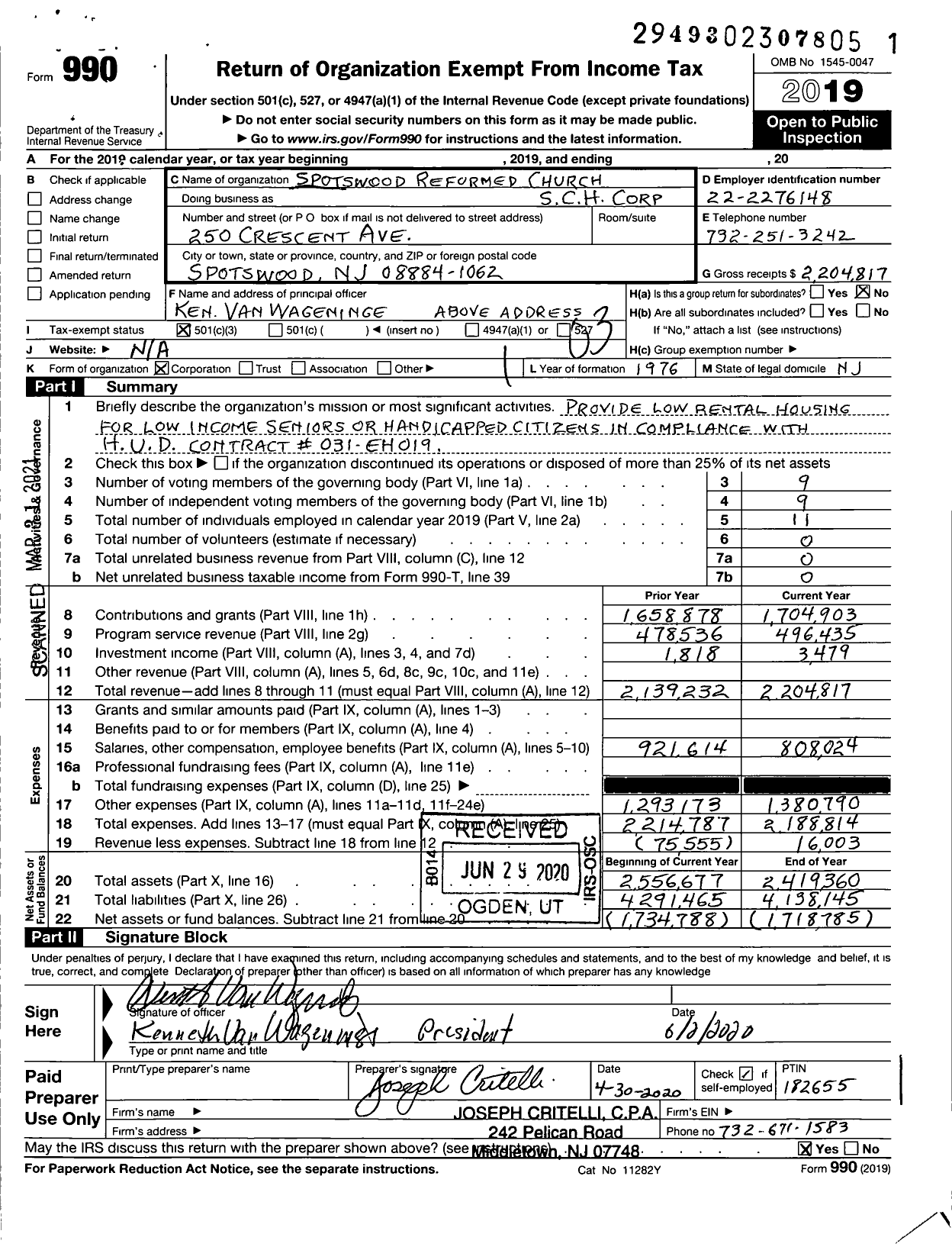 Image of first page of 2019 Form 990 for Spotswood Reformed Church Senior Citizens Housing Corporation