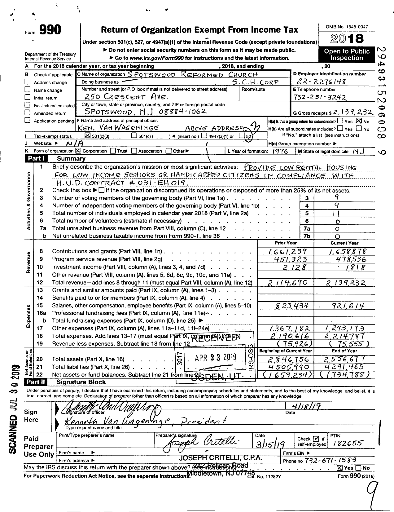Image of first page of 2018 Form 990 for Spotswood Reformed Church Senior Citizens Housing Corporation