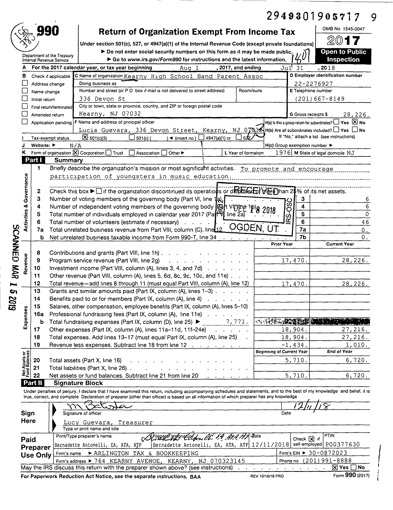 Image of first page of 2017 Form 990 for Kearny High School Band Parents Association