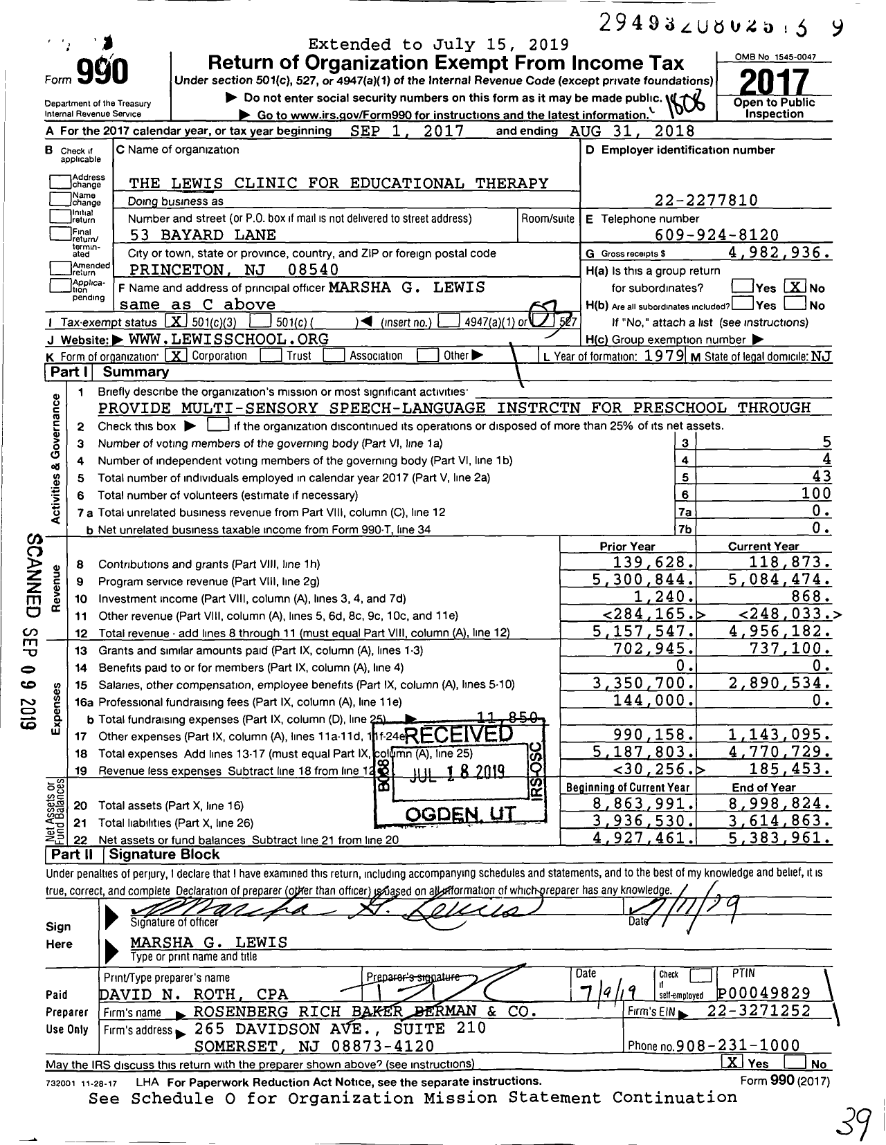 Image of first page of 2017 Form 990 for Lewis School of Princeton