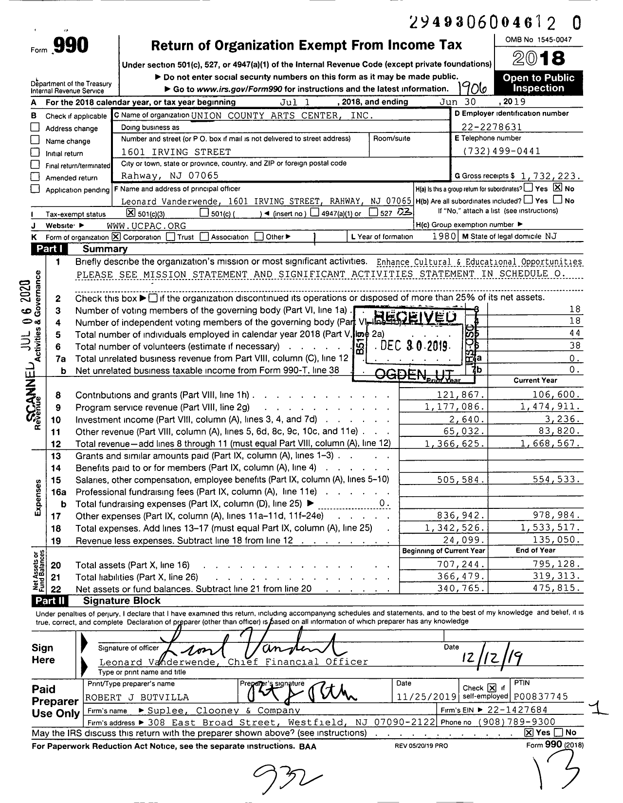 Image of first page of 2018 Form 990 for Union County Performing Arts Center (UCPAC)