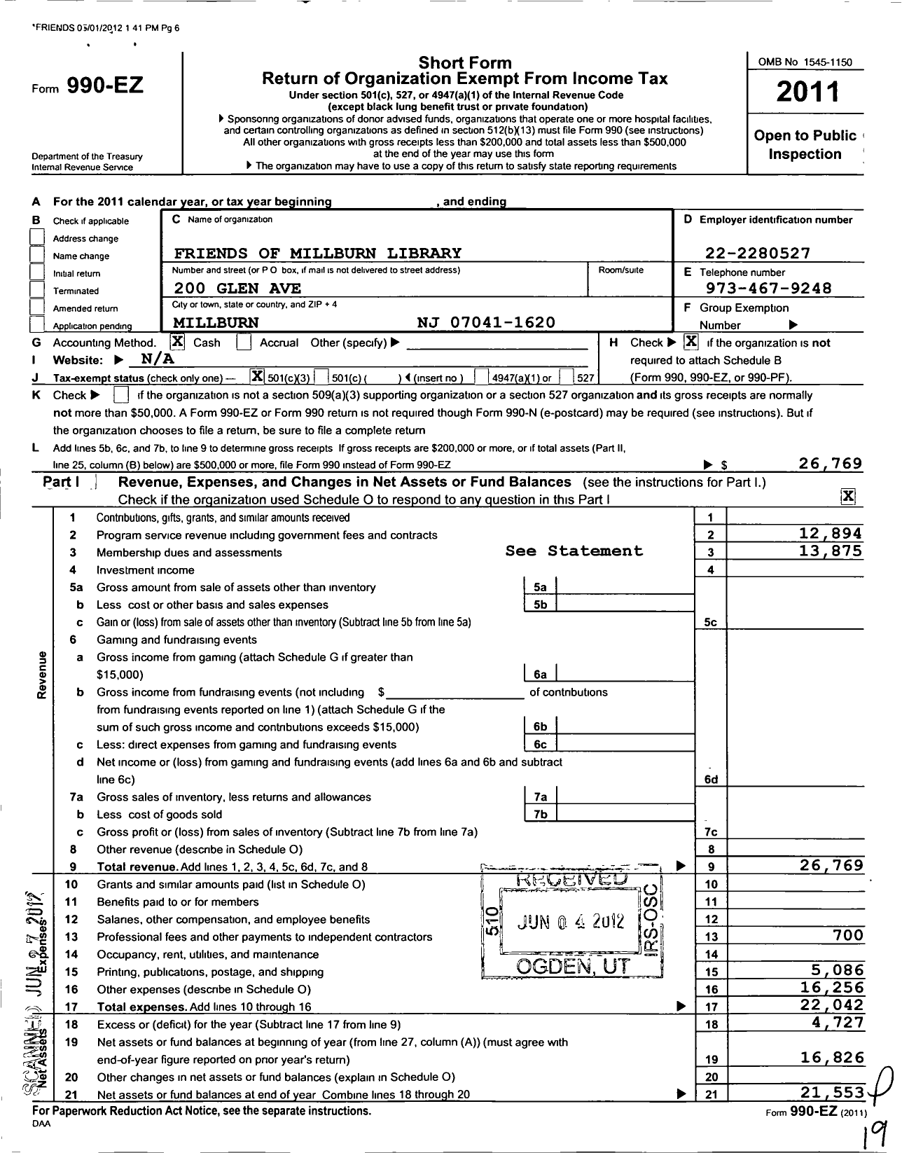 Image of first page of 2011 Form 990EZ for Friends of Millburn Library