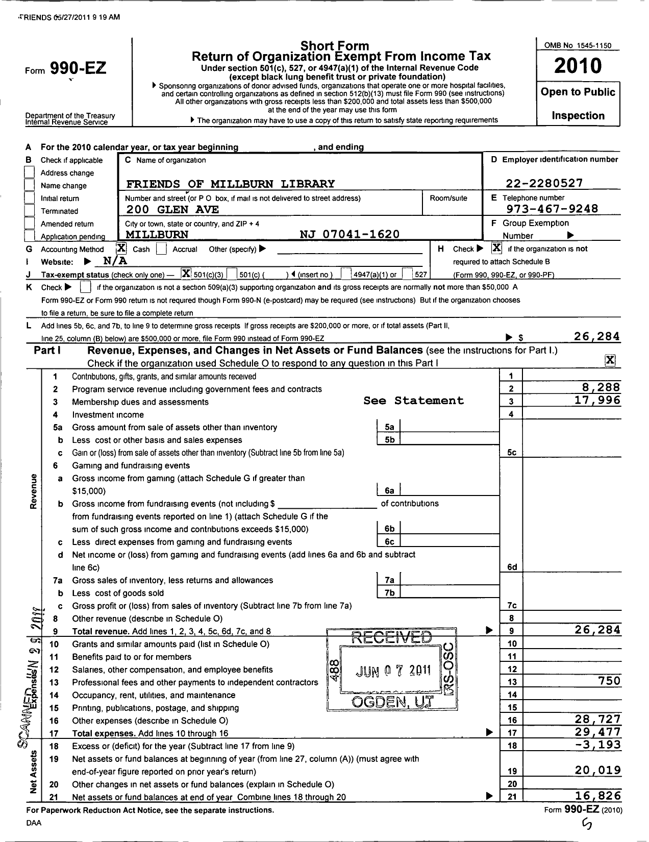 Image of first page of 2010 Form 990EZ for Friends of Millburn Library