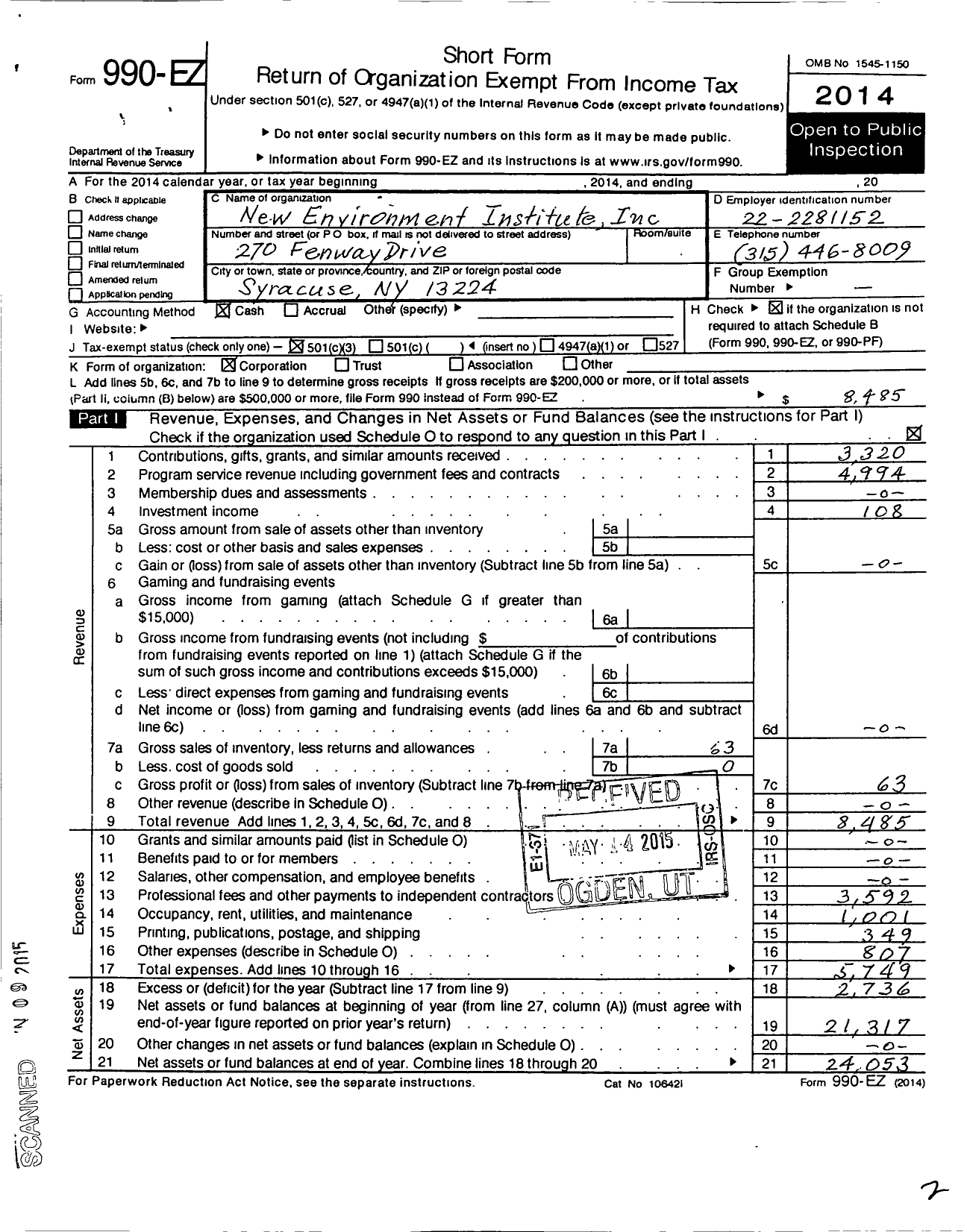 Image of first page of 2014 Form 990EZ for New Environment Institute