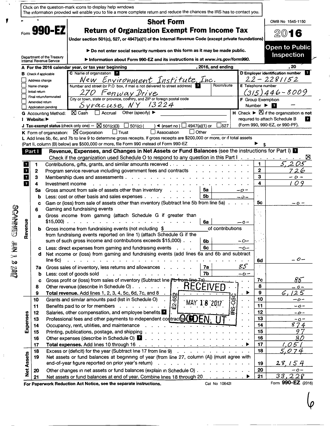 Image of first page of 2016 Form 990EZ for New Environment Institute