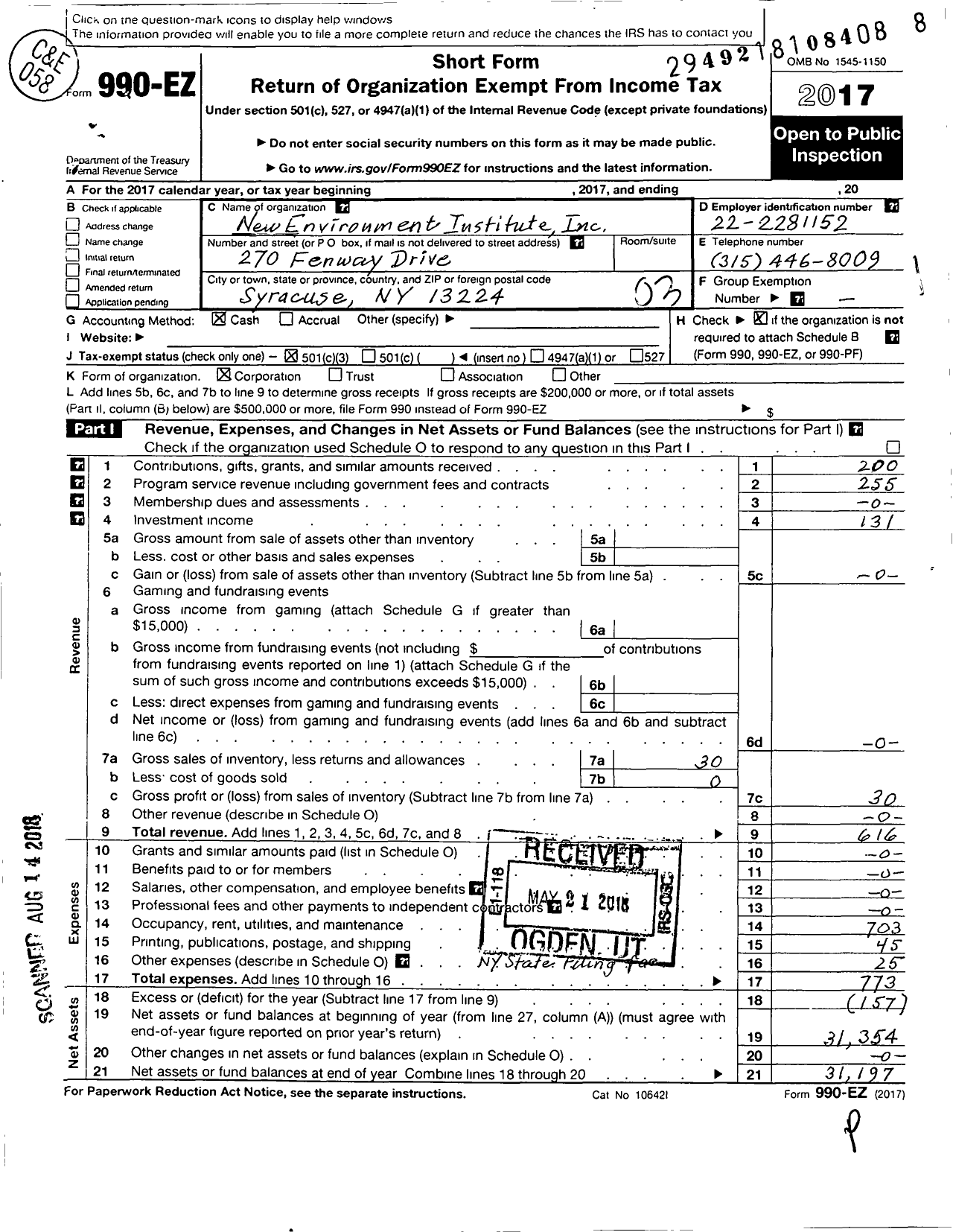 Image of first page of 2017 Form 990EZ for New Environment Institute