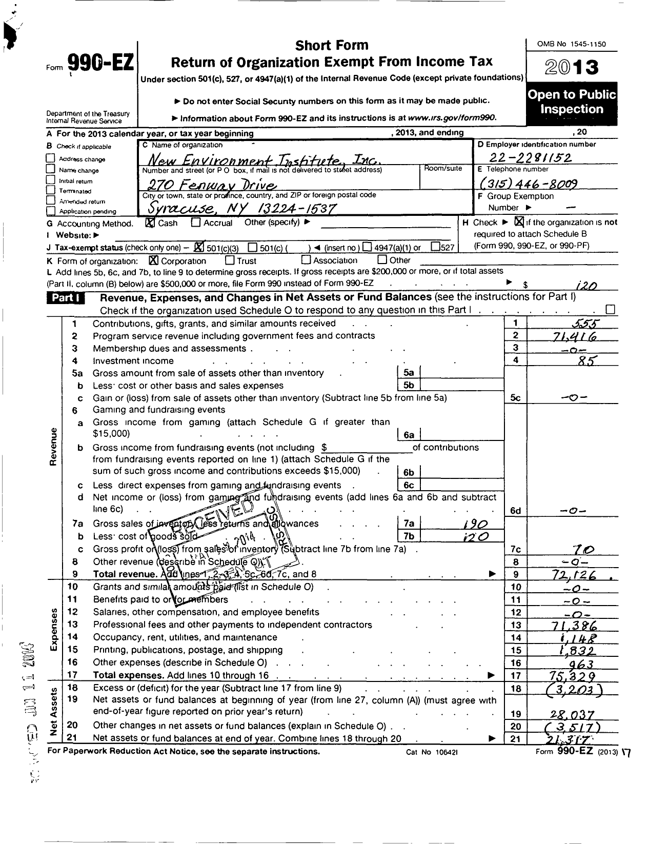 Image of first page of 2013 Form 990EZ for New Environment Institute