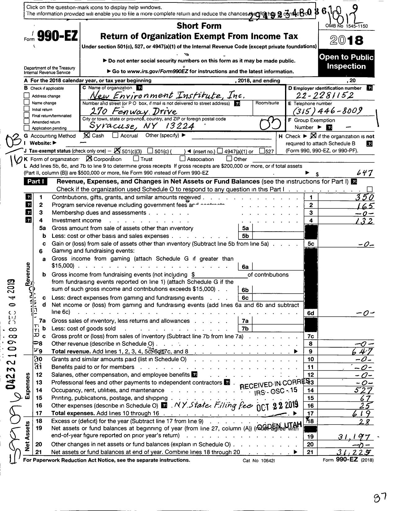 Image of first page of 2018 Form 990EZ for New Environment Institute