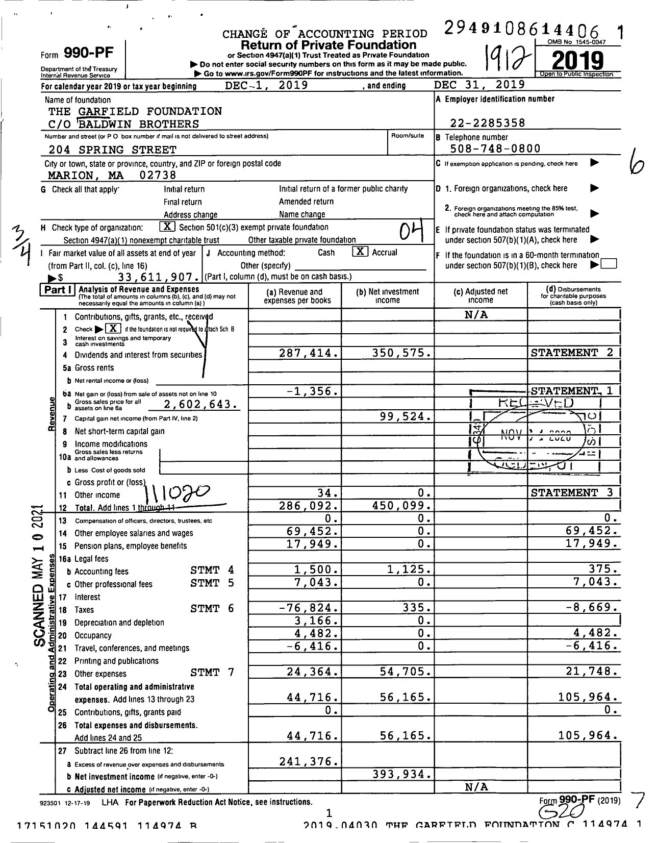 Image of first page of 2019 Form 990PF for Garfield Foundation