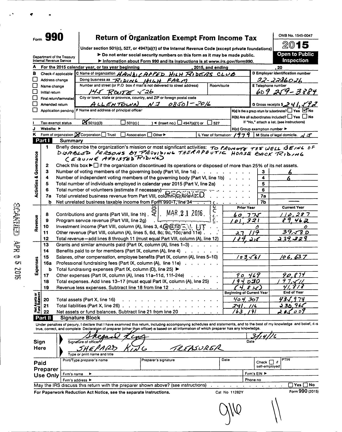 Image of first page of 2015 Form 990 for Handicapped High Riders Club Riding High Farm