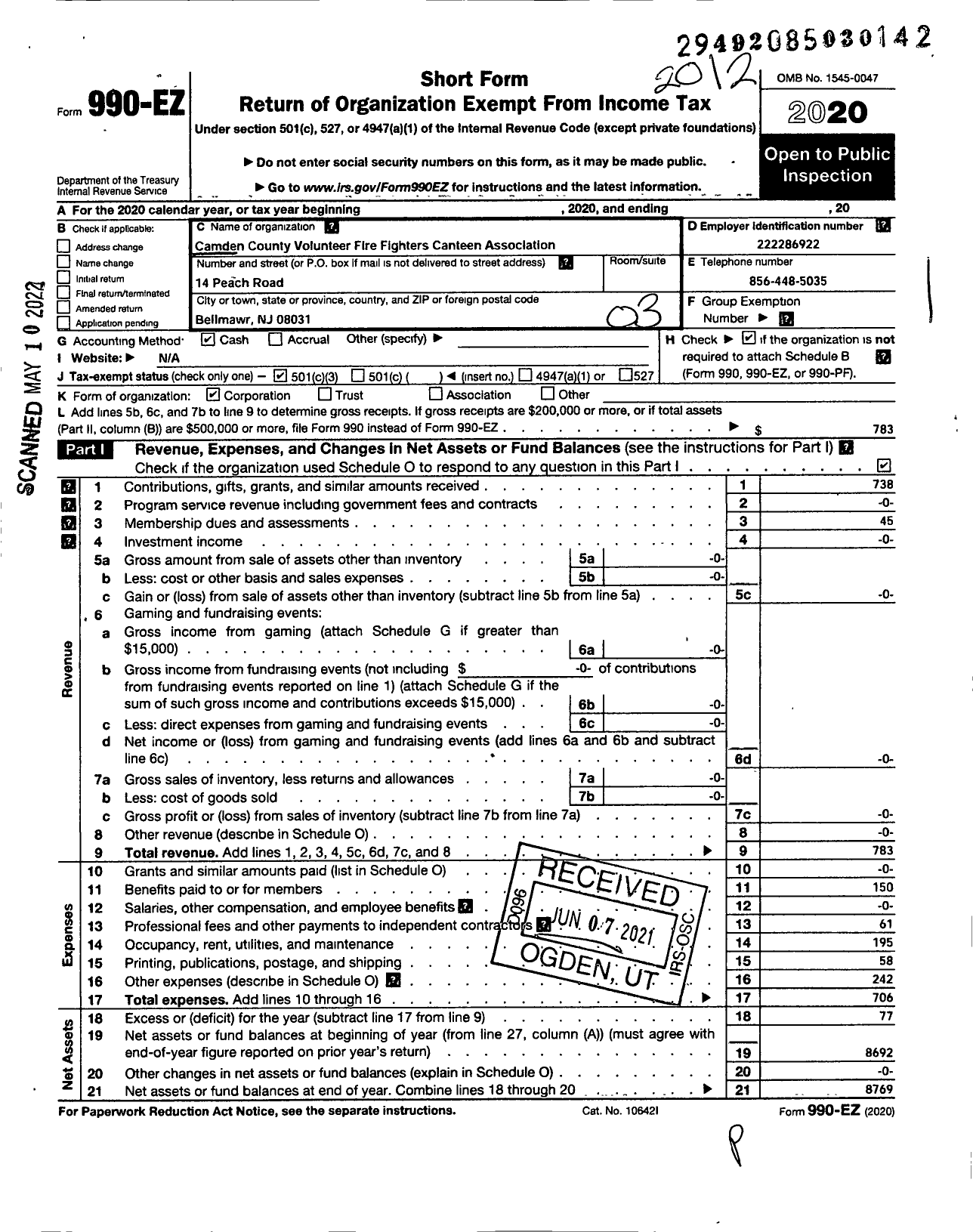 Image of first page of 2020 Form 990EZ for The Camden County Volunteer Fire Fighters Canteen Association