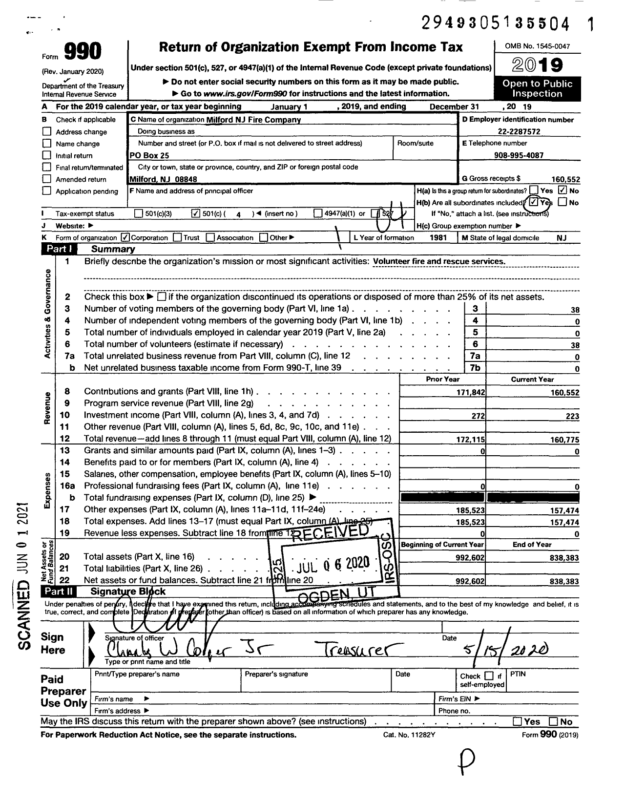 Image of first page of 2019 Form 990O for Milford NJ Fire Company