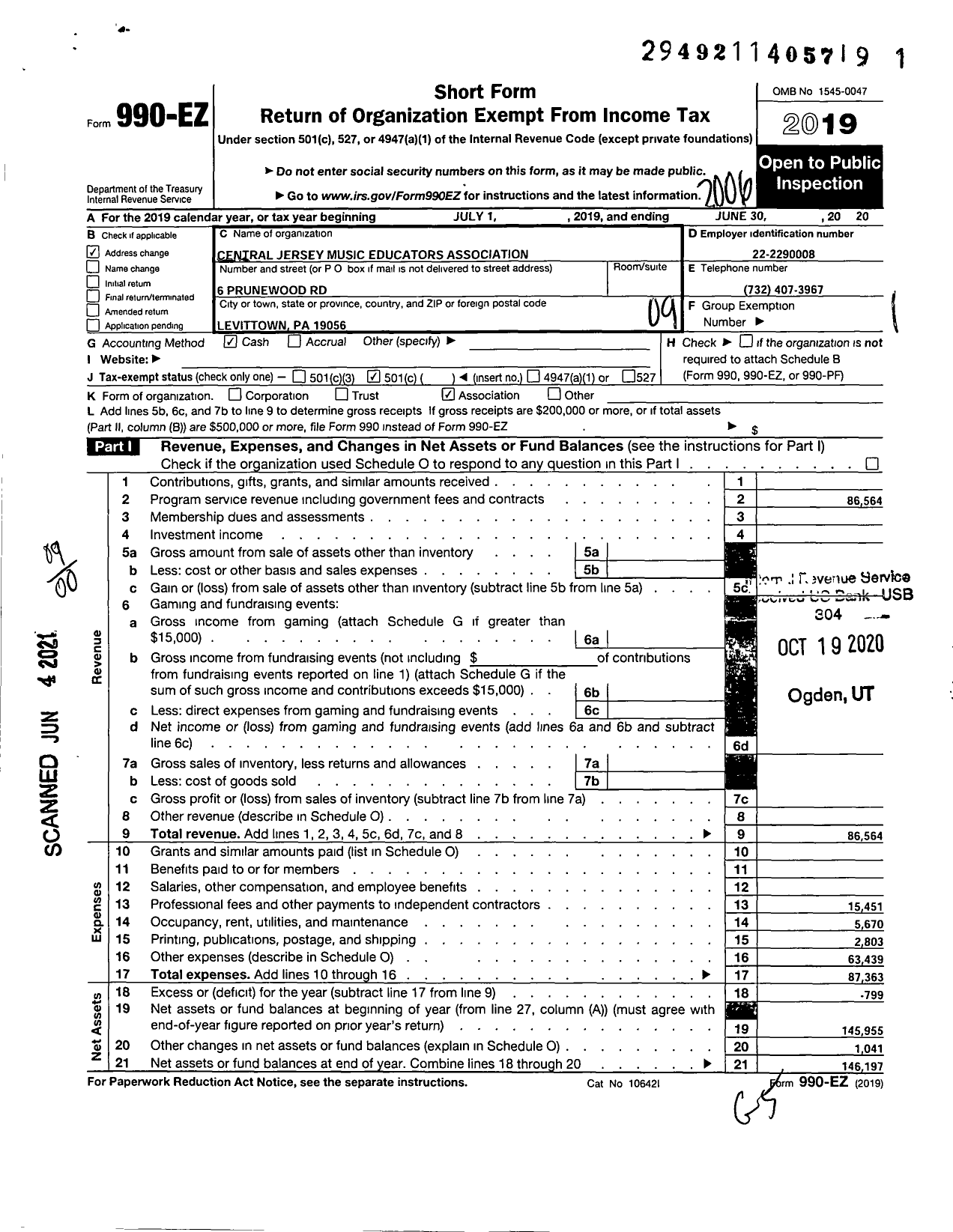 Image of first page of 2019 Form 990EO for Central Jersey Music Educators Association