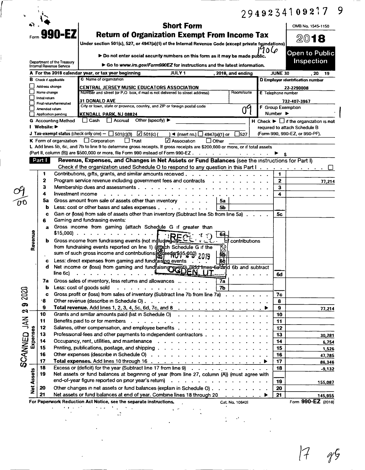 Image of first page of 2018 Form 990EO for Central Jersey Music Educators Association