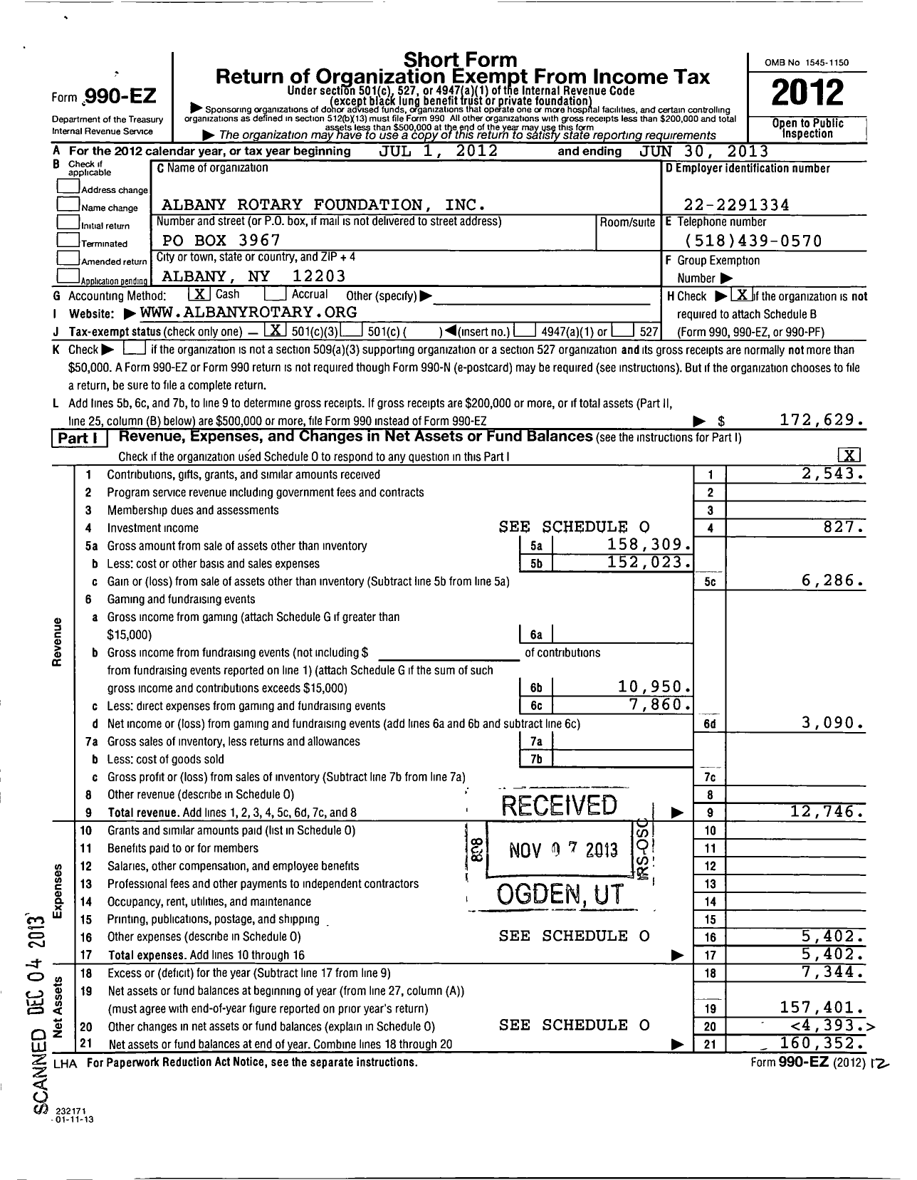 Image of first page of 2012 Form 990EZ for Albany Rotary Foundation