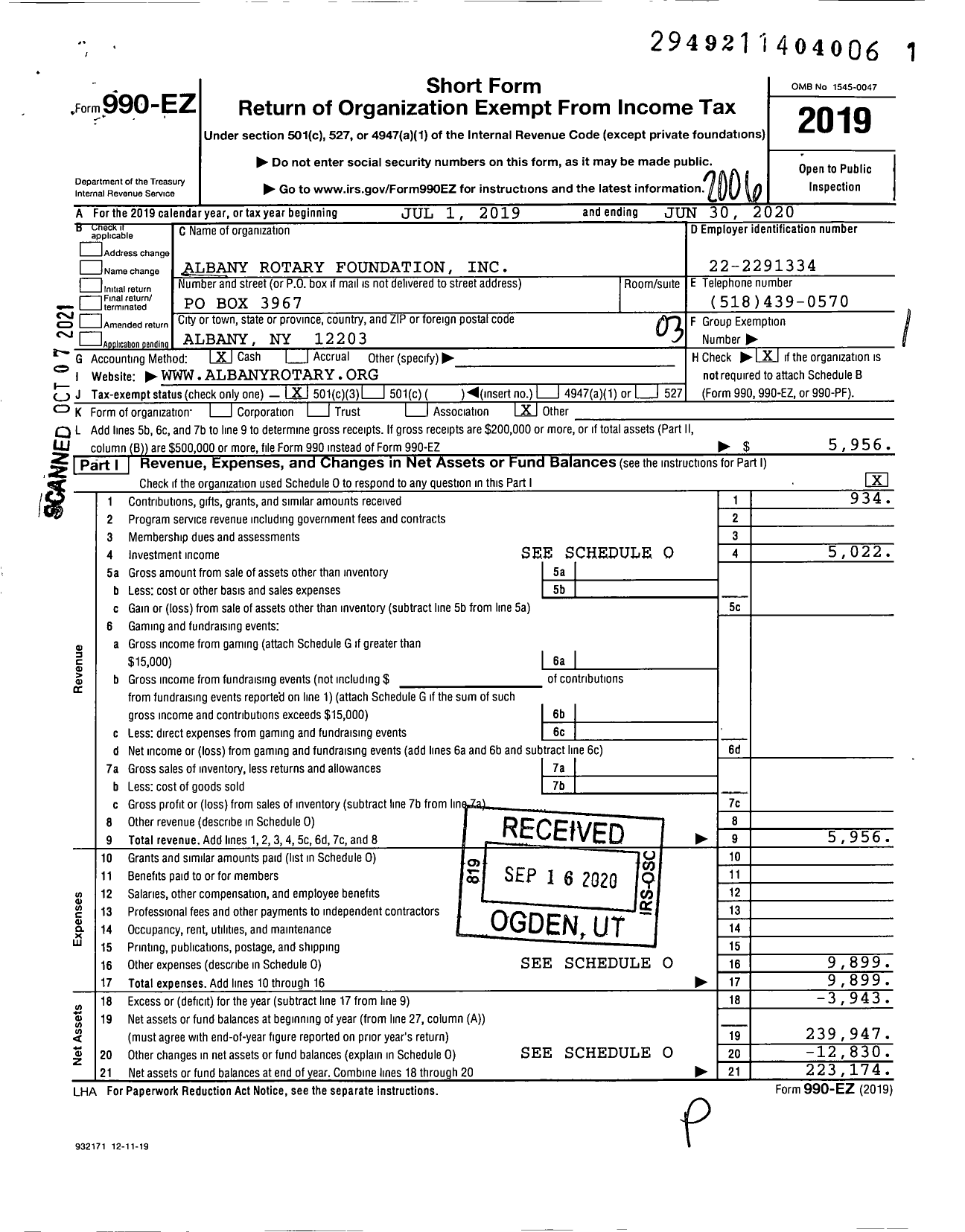 Image of first page of 2019 Form 990EZ for Albany Rotary Foundation