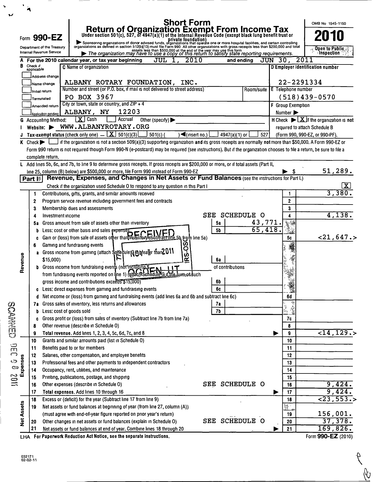 Image of first page of 2010 Form 990EZ for Albany Rotary Foundation