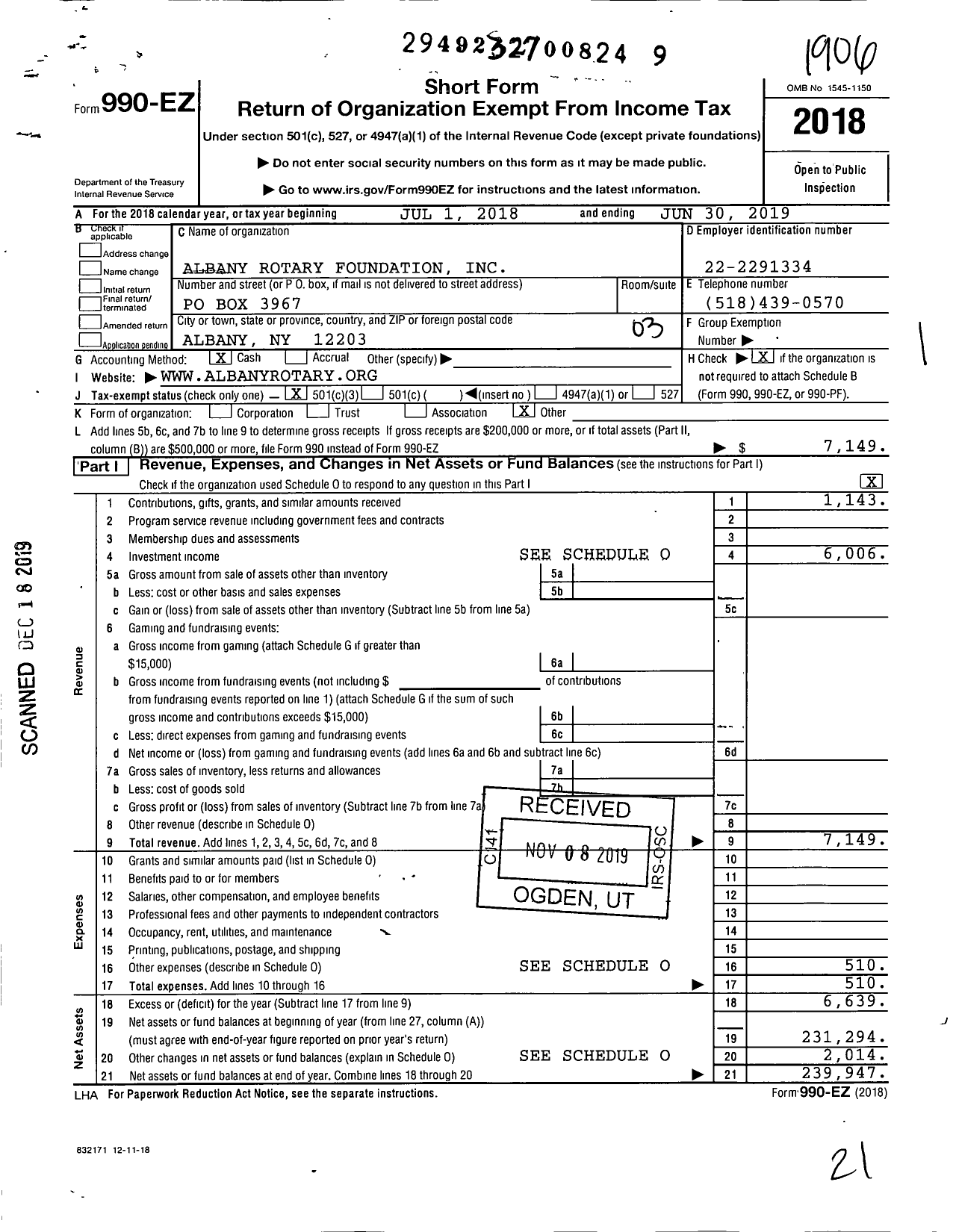 Image of first page of 2018 Form 990EZ for Albany Rotary Foundation