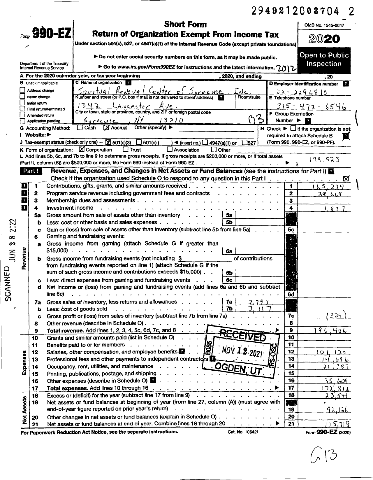 Image of first page of 2020 Form 990EZ for Spiritual Renewal Center of Syracuse