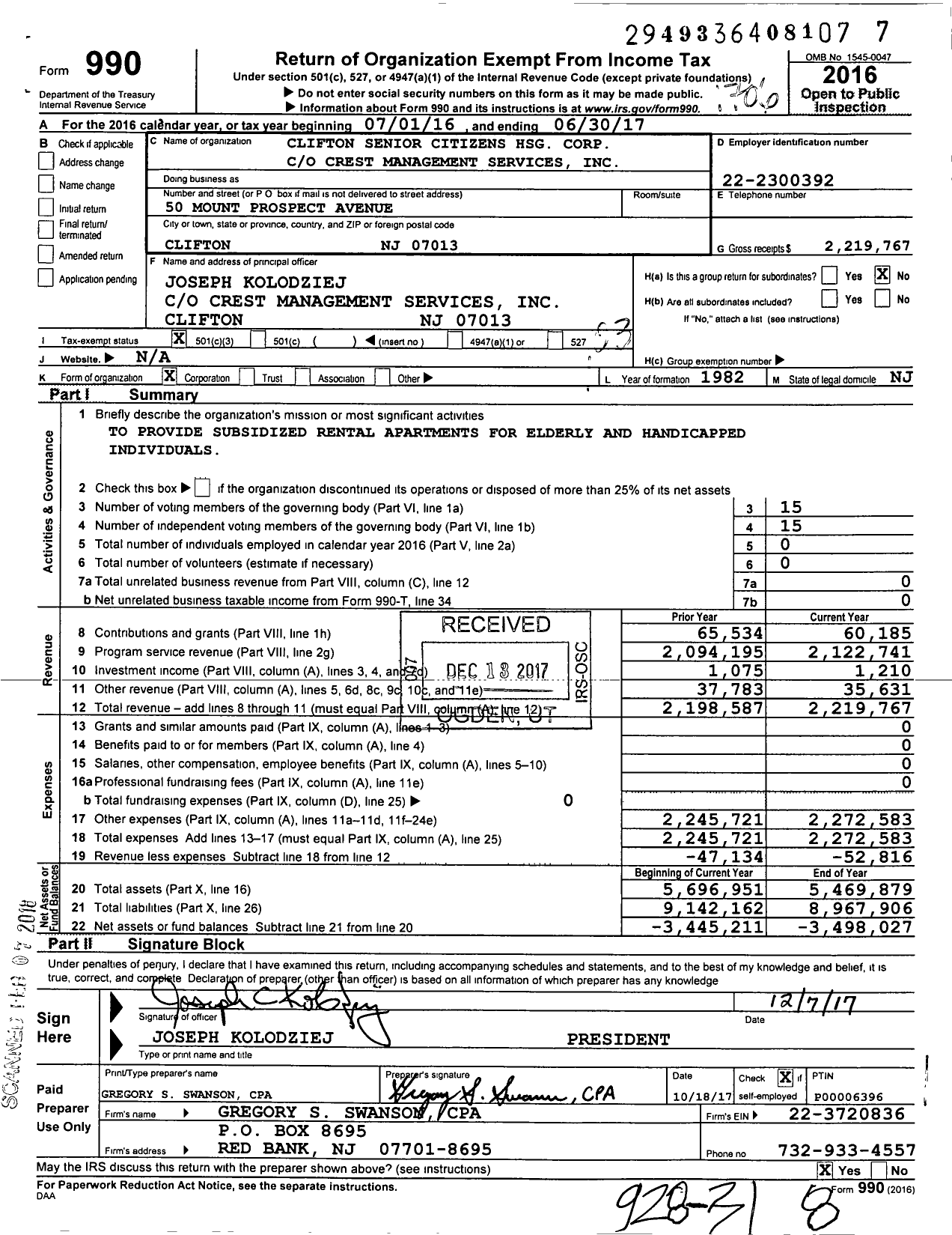 Image of first page of 2016 Form 990 for Clifton Senior Housing Corp Corp Crest Management Services
