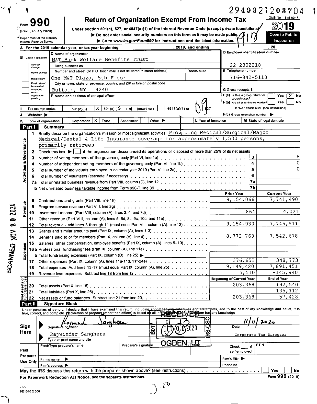 Image of first page of 2019 Form 990O for M&T Bank Welfare Benefits Trust