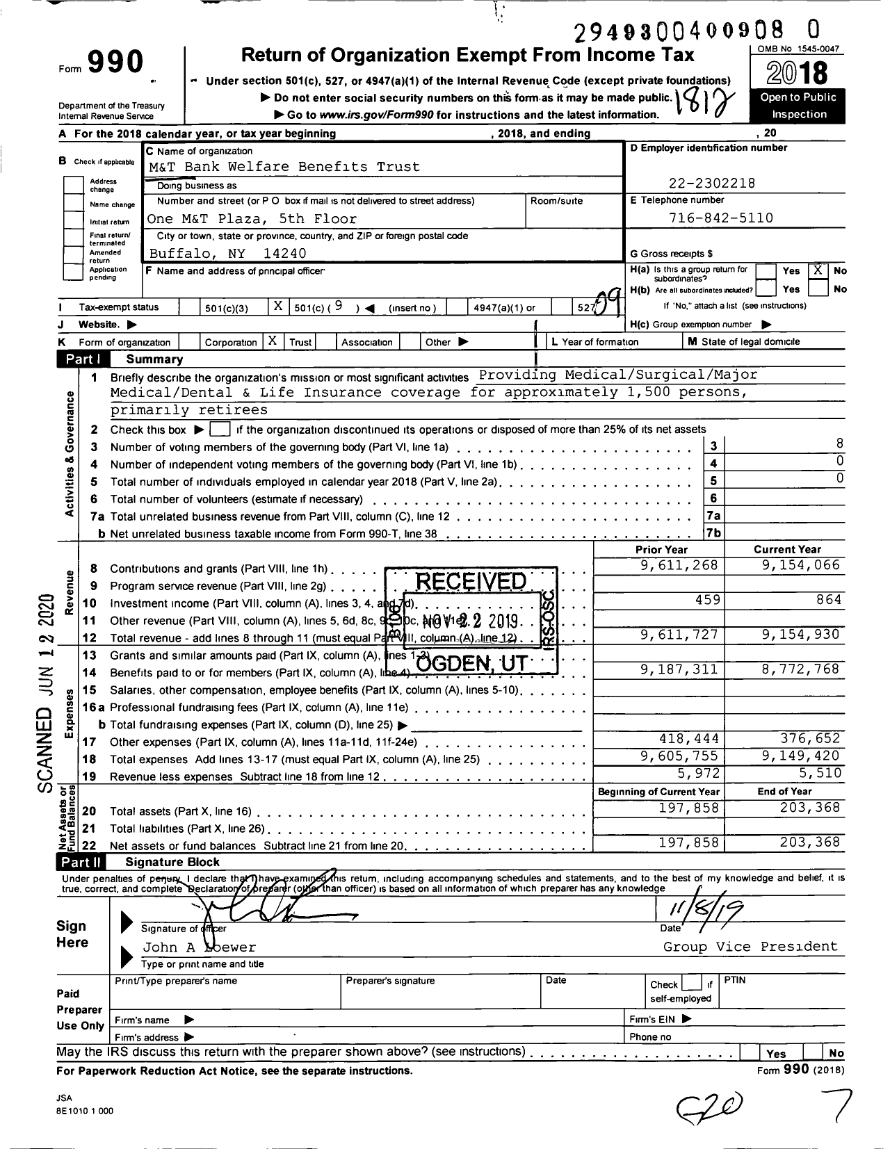 Image of first page of 2018 Form 990O for M&T Bank Welfare Benefits Trust