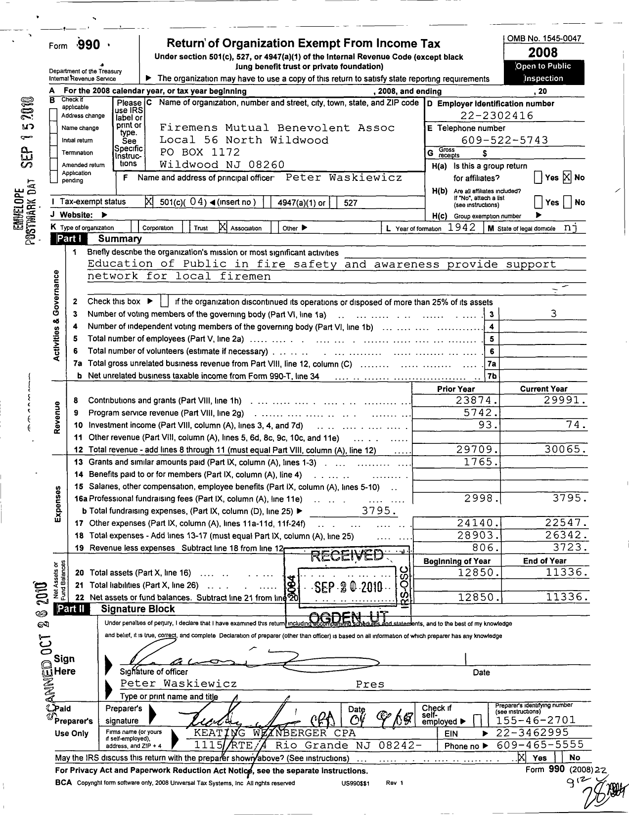 Image of first page of 2008 Form 990O for New Jersey State Firemens Mutual Benevolent Association / 56 N Wildwood Local