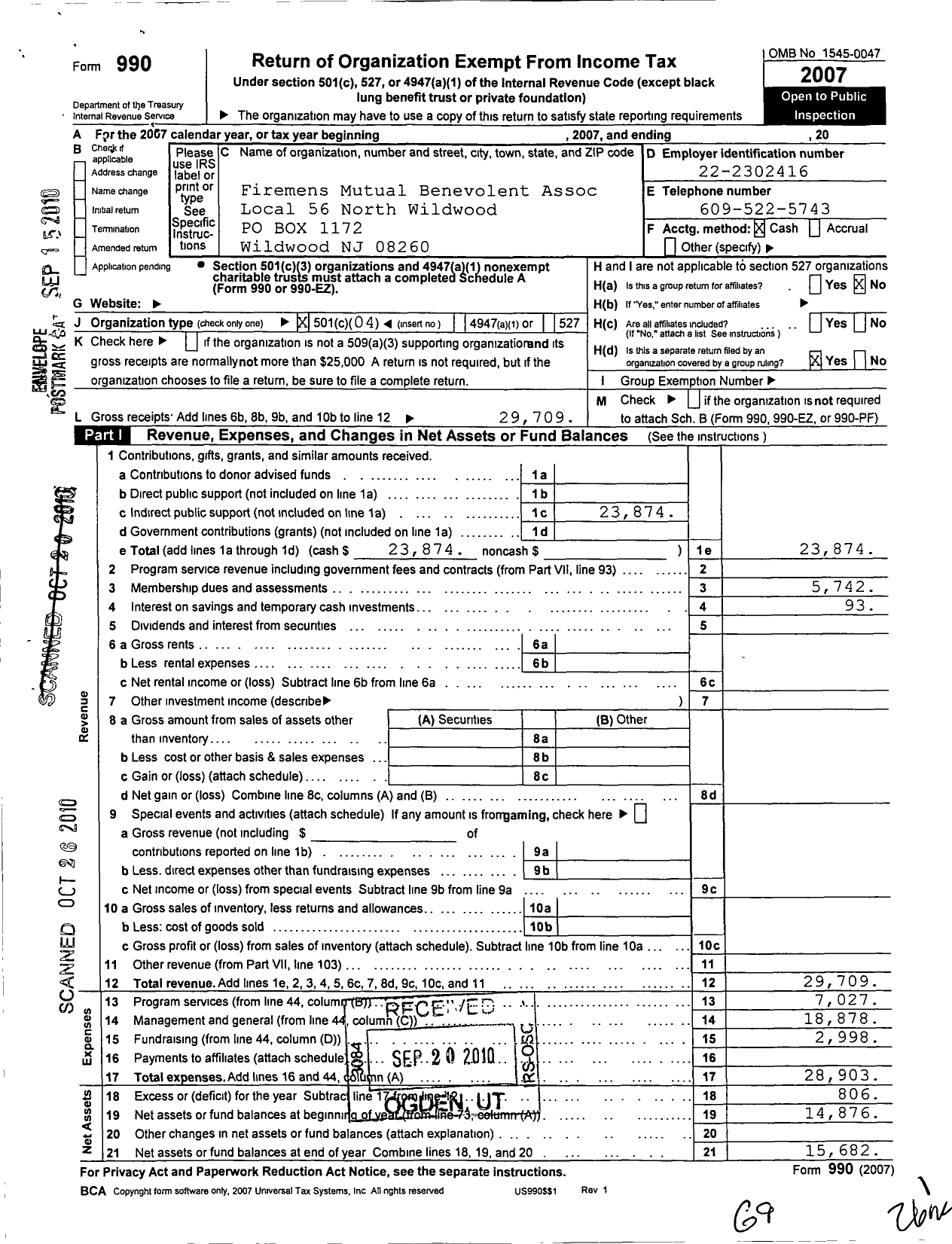 Image of first page of 2007 Form 990O for New Jersey State Firemens Mutual Benevolent Association / 56 N Wildwood Local